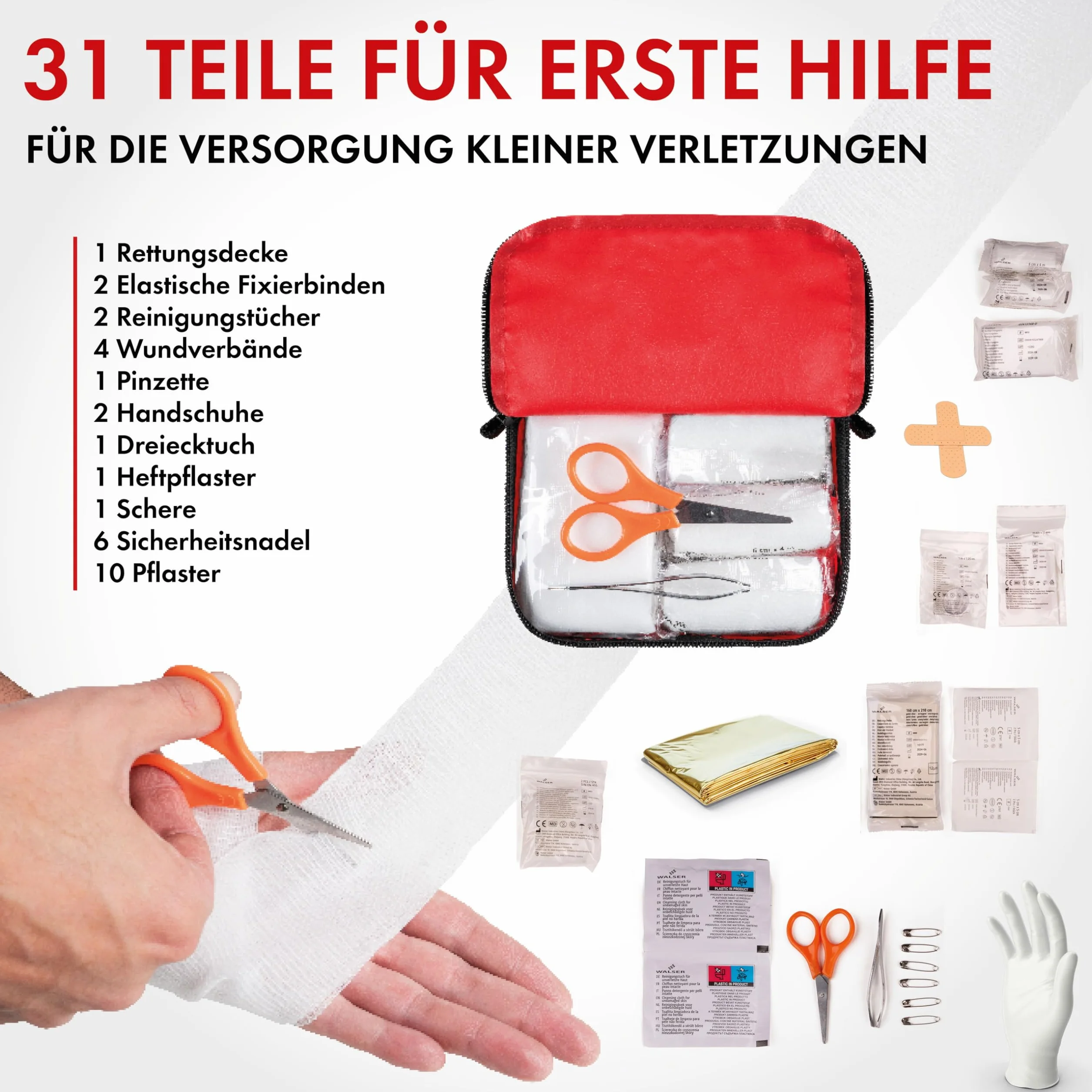Walser Premium Mini Apteczka Pierwszej Pomocy 2025, Wodoodporny Zestaw Ratunkowy na Zewnętrzne/Kampowanie/Rower, 34-częściowy Zestaw Farmaceutyczny Podróżny, Kompaktowa Apteczka Pierwszej Pomocy na
