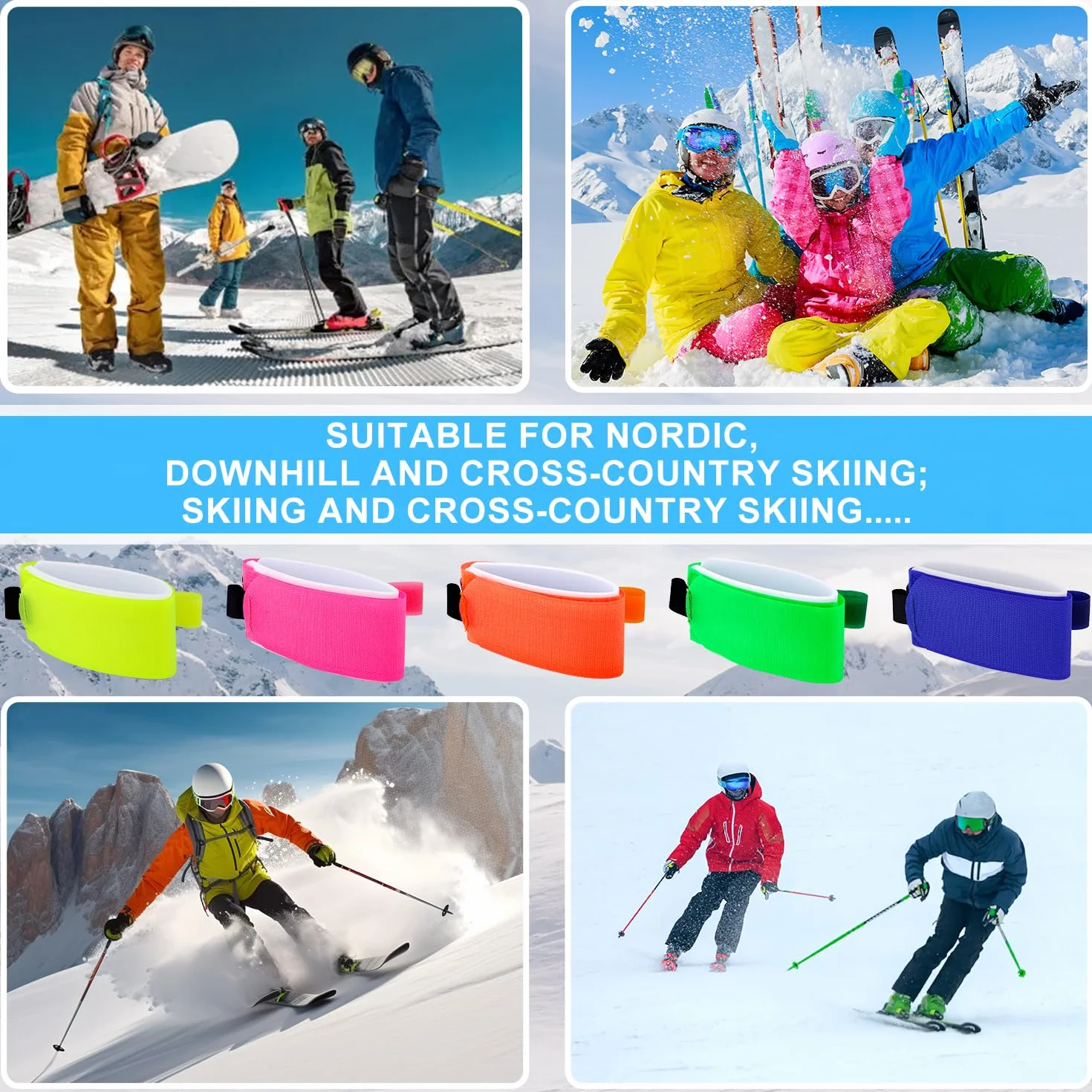 10szt Zapiecia do Pasków Narciarskich, 2 w 1 Pasek Noszenia Nart na Snowboardzie Kijki Narciarskie Regulowane Opaski na Narty EVA Ochronne Organizer na Sprzet Narciarski (5 Jasnych Kolorów)