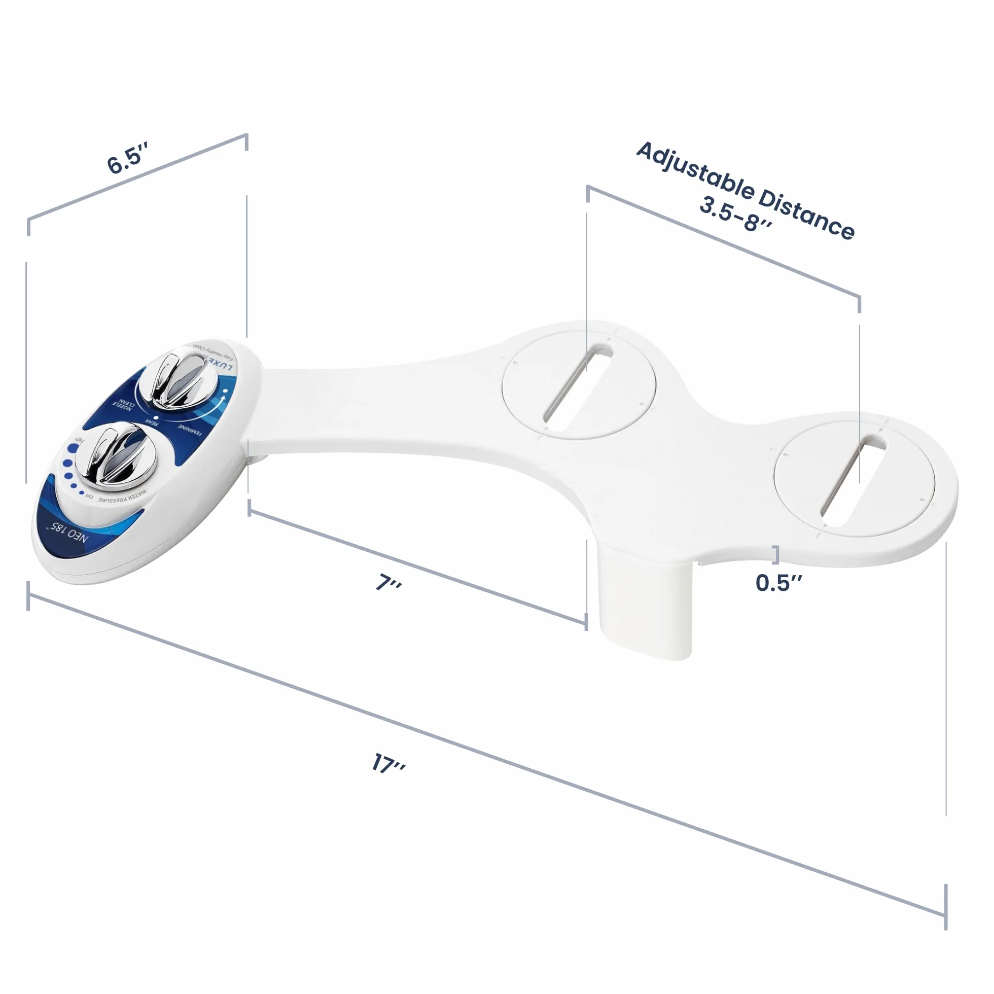 LUXE Bidet Neo 185 (Elite) nieelektryczna nasadka bidetowa z samoczyszczącą podwójną dyszą, regulacją ciśnienia wody, niebieska i biała