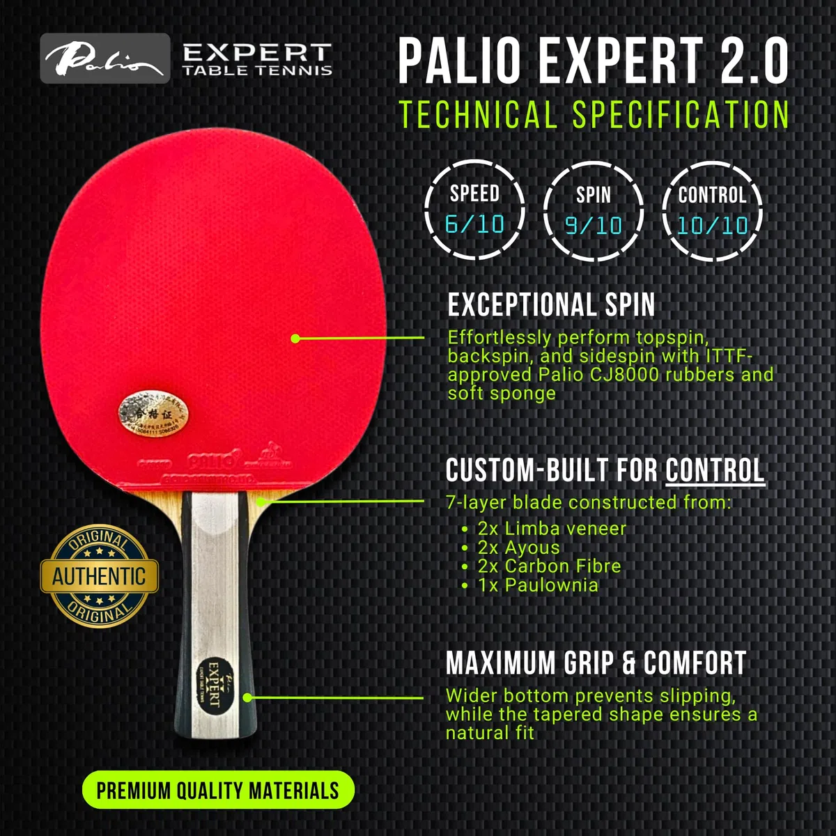 Palio Expert 2.0 kij do tenisa stołowego i etui | Zatwierdzone przez ITTF wysokowydajne rakiety do pingponga dla początkujących | Maksymalny obrót i kontrola