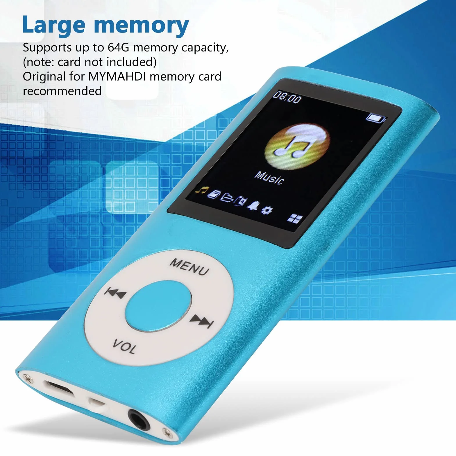 Odtwarzacz MP3, Przenośny Cyfrowy Odtwarzacz MP3 Bezstratnej Muzyki, Mini Odtwarzacz MP3 dla Dzieci ze Smukłym 1,8-calowym Ekranem LCD do Biegania Sportowego, Czas Odtwarzania 8 (Niebieski)