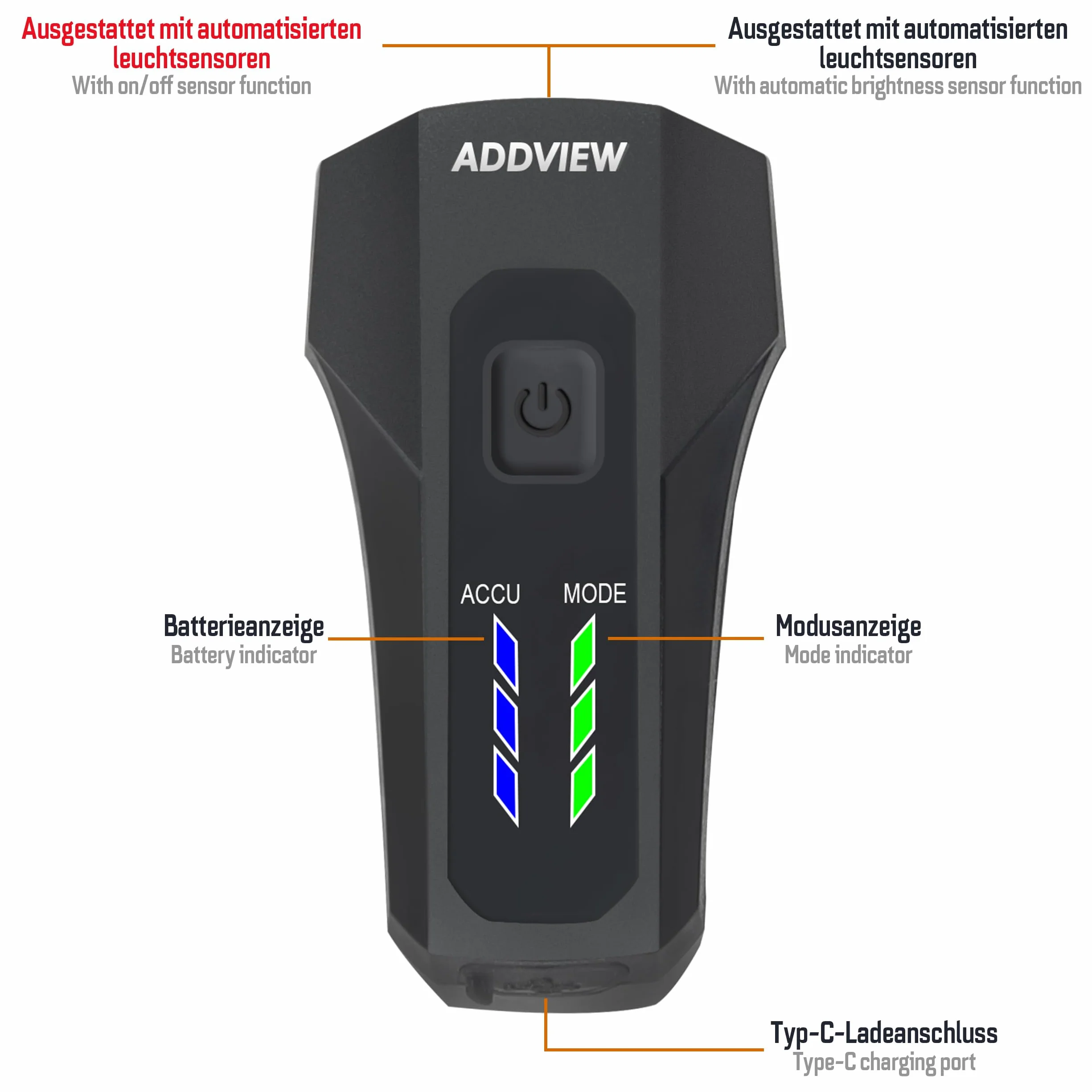 ADDVIEW Zestaw świateł rowerowych Starlight – dopuszczone do ruchu drogowego (obowiązują przepisy lokalne), 70 lx światło przednie i tylne LED z USB C, zasilanie bateryjne, wodoszczelność IP65, zasięg