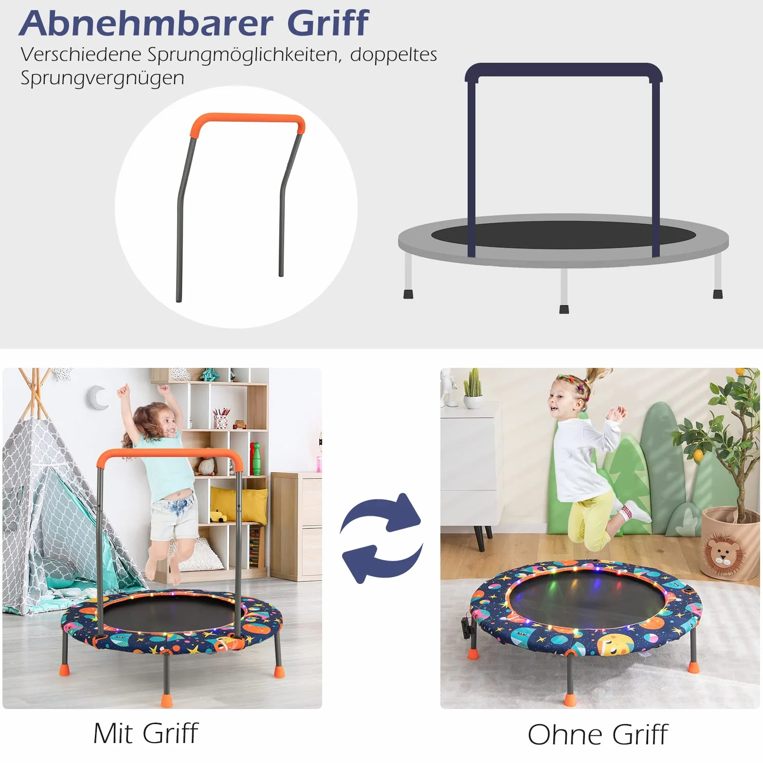 COSTWAY Trampolina dla dzieci 92 cm z oświetleniem LED, uchwyt bezpieczeństwa, obciążenie 25 kg