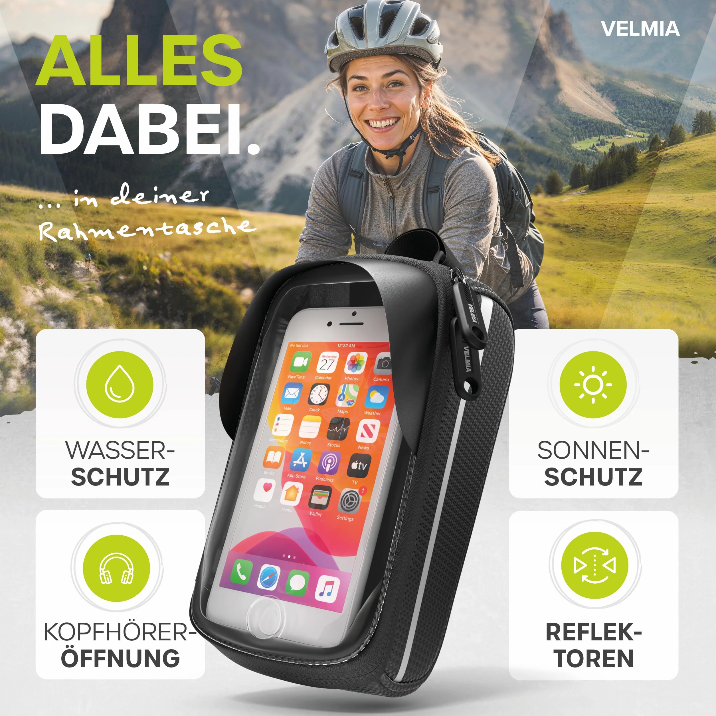 Velmia Torba na ramę roweru, wodoszczelna – uchwyt na telefon komórkowy idealny do nawigacji – torba na rower, torba na telefon komórkowy, akcesoria rowerowe
