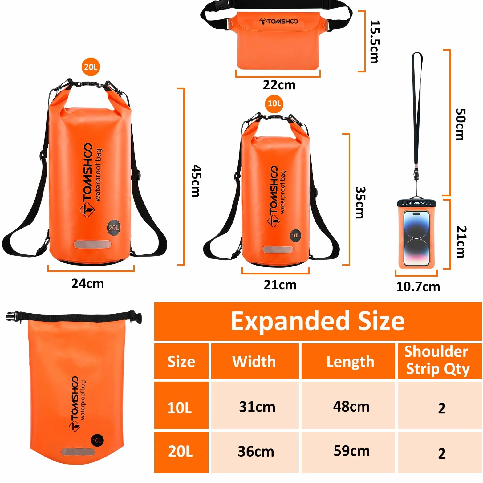 TOMSHOO Dry Bag Set, Wodoodporny Plecak 10L/20L z Wodoodpornym Pokrowcem i Kieszeń na Telefon Komórkowy, Regulowany Pasek na Ramię, Wodoodporny Plecak na Spływy Kajakowe, 10L, Pomarańczowy