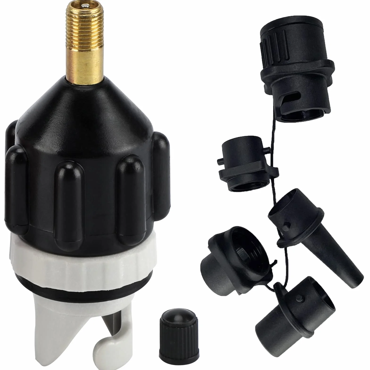 Adapter do sprężarki, pontonu, adapter do wentylu z 4 dyszami gazowymi, akcesoria do surfowania, adapter pompy do deski stojącej, nadmuchiwane łóżko (czarny)