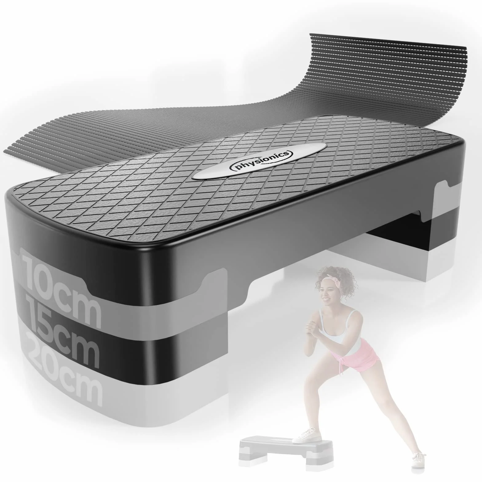 Deska do aerobiku Physionics® - 3poziomy(10/15/20cm),regulacja wysokości, antypoślizgowa gumowa osłona, maks. 200kg - Stepper fitness, Stepboard, Bench, Bench, Cardio do ćwiczeń w domu