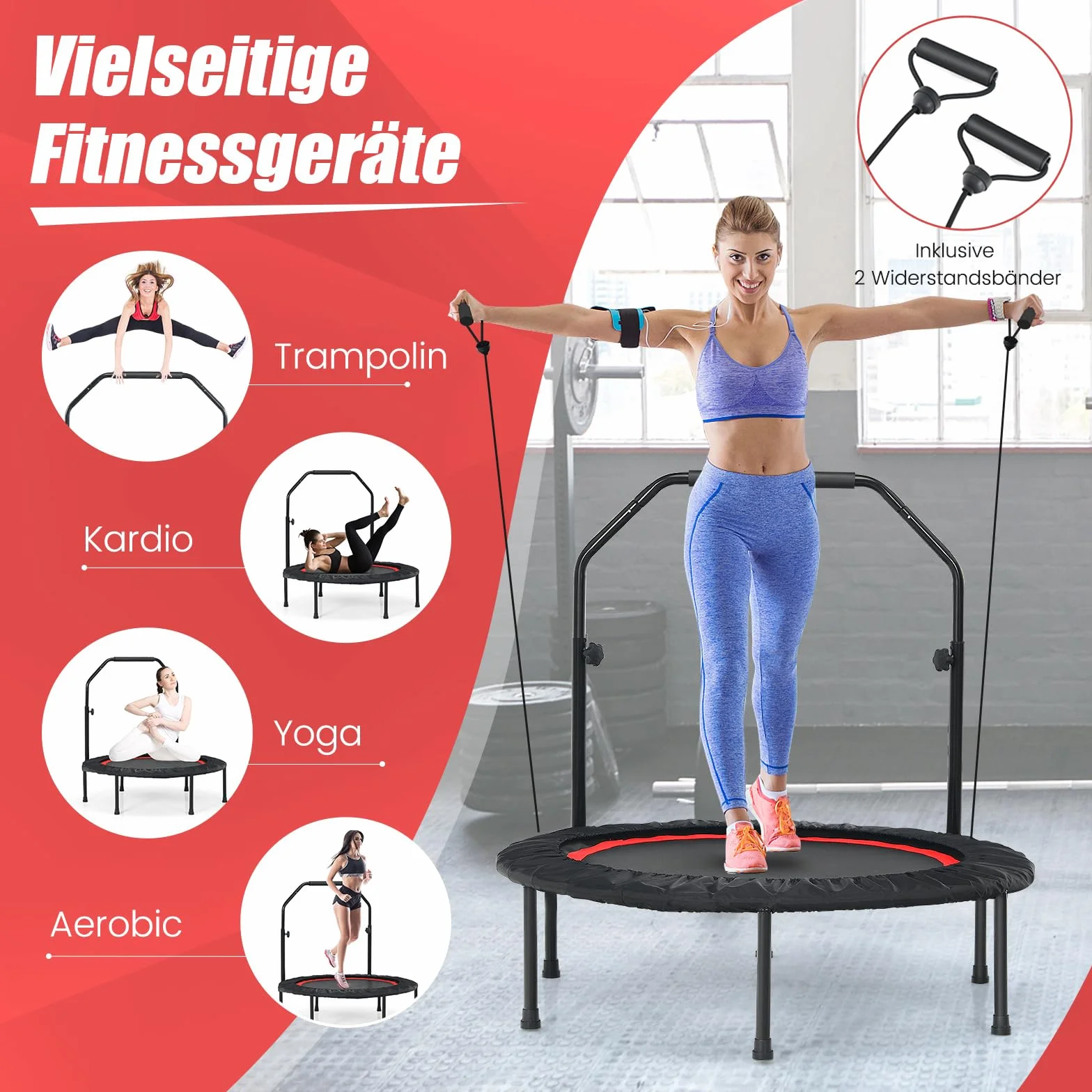 COSTWAY Trampolina Fitness φ101 cm z Uchwytem Regulowanym, Składana, 150 kg