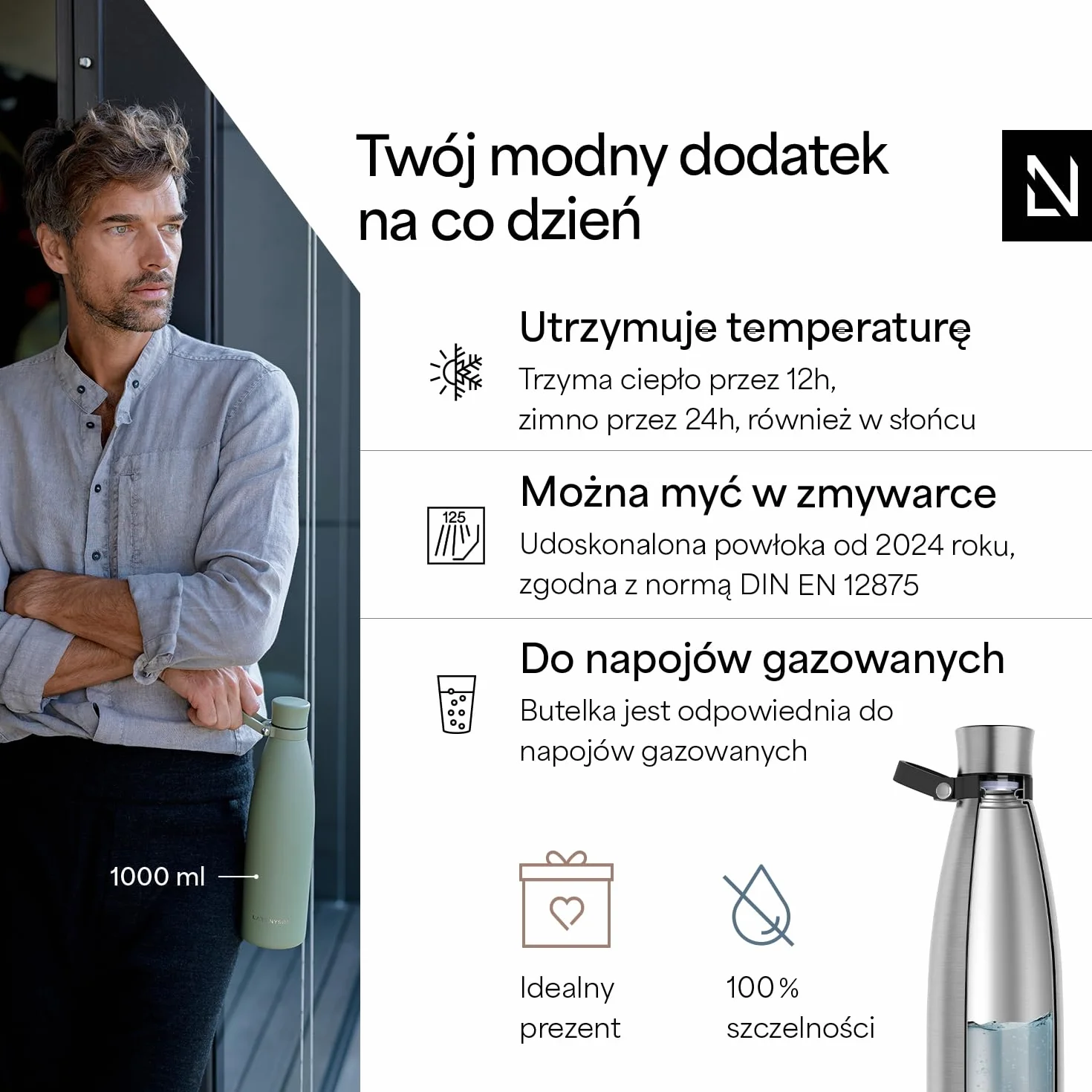 LARS NYSØM Butelka na napoje ze stali nierdzewnej 1000ml | Butelka izolacyjna 1 litr | Wodoodporna flaszka na wodę do sportu, roweru, psa (Stainless Steel, 1000ml)