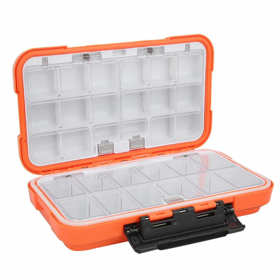Wodoodporny organizer na sprzęt wędkarski z dwustronnymi przegródkami na przynęty, haczyki i akcesoria. Grubsza plastikowa obudowa do wędkarstwa muchowego (model C, L 39 x 39 x 4,5 cm /