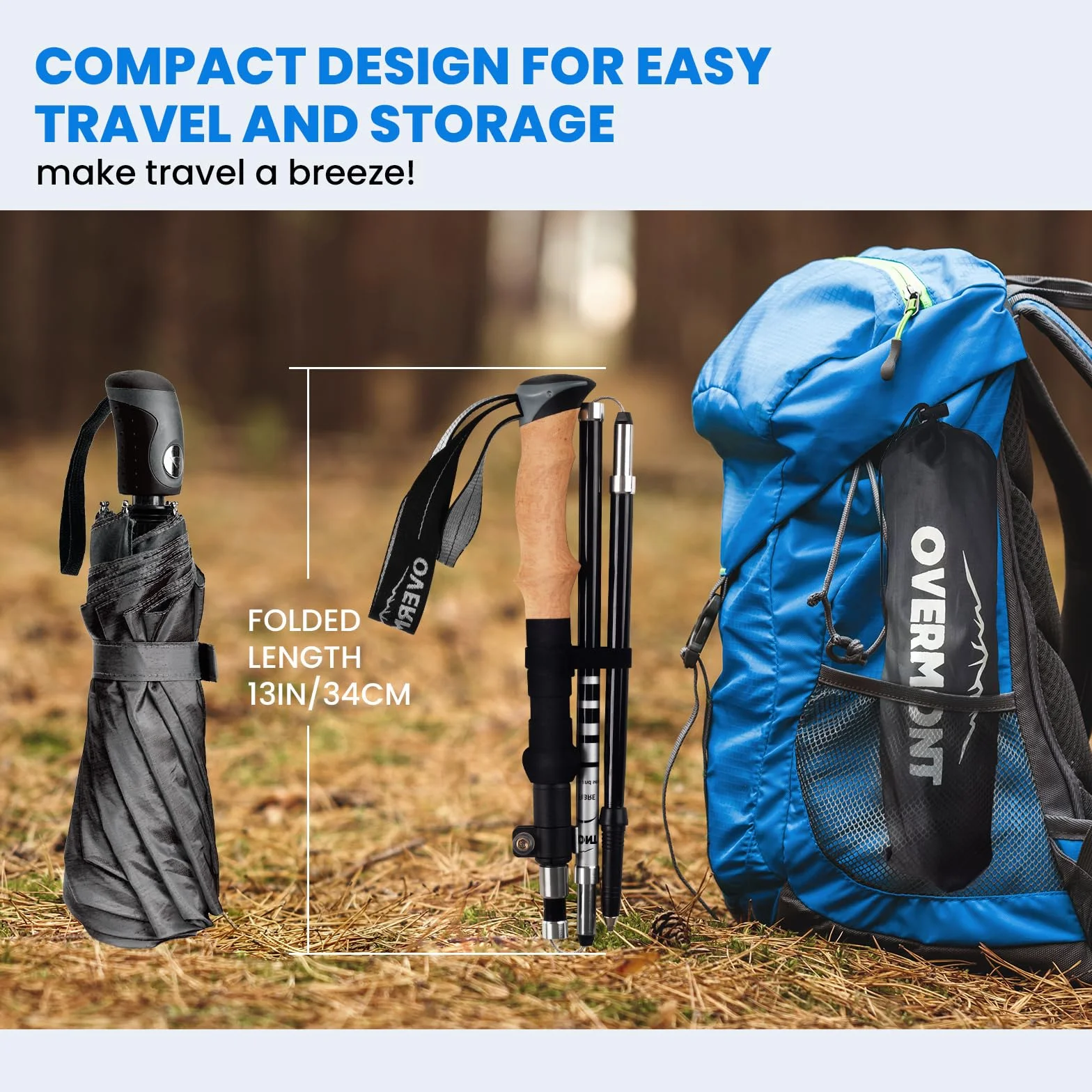 Overmont Kijki trekkingowe z włókna węglowego 7075 aluminium składane regulowane 105-125 cm do nordic walkingu 1 para