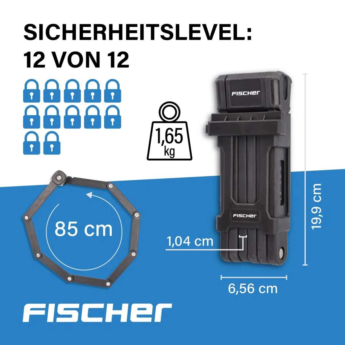 FISCHER Protec Plus zapięcie składane, długość 85 cm, z 3 kluczami i nasadką chroniącą przed kurzem, z miękkiego materiału, czarne