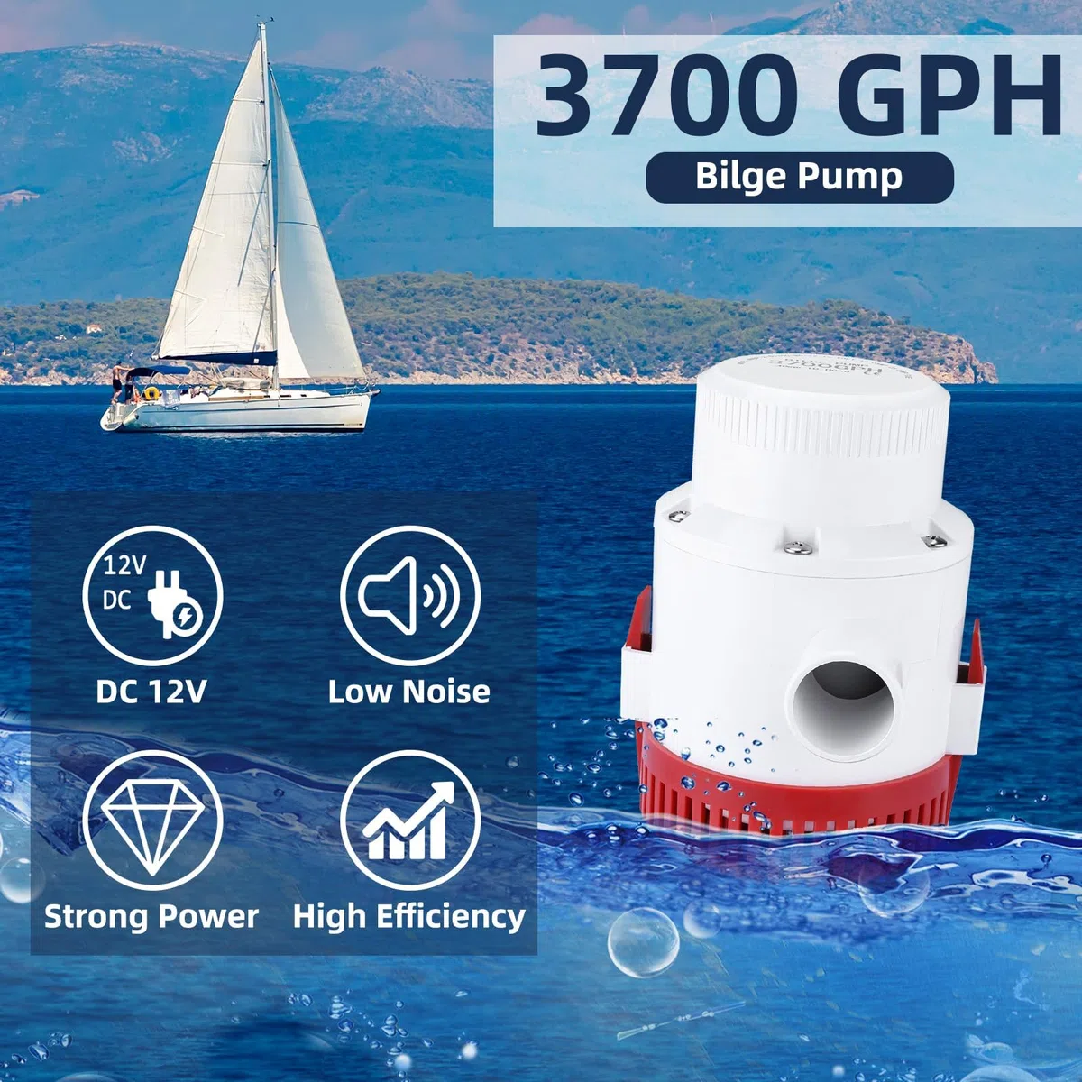 FreeTec Elektryczna pompa zęzowa, 12 V, 3700 gph, pompa głębinowa, pompa wodna do łodzi, jachtów, przyczep kempingowych, na zewnątrz (czerwona)