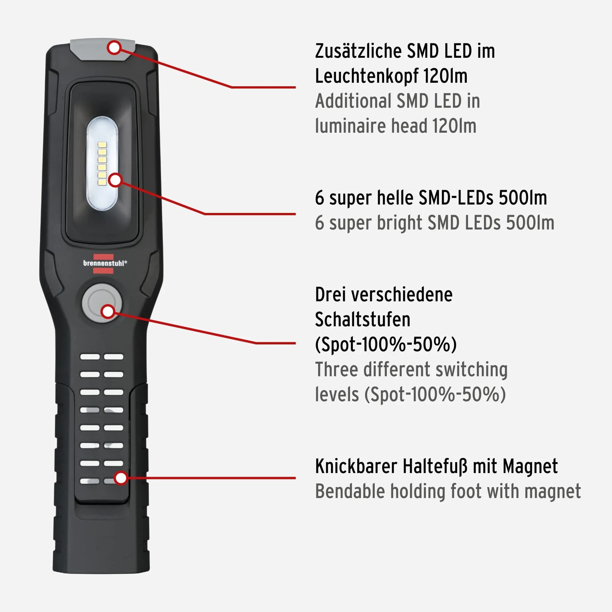Brennenstuhl Latarka HL 500 A/lampa warsztatowa z magnesem i 6 diodami SMD-LED (latarka taktyczna o max. czasie swiecenia 10h, 500+120lm, hak obrotowy 360°, zginana stopka mocujaca)