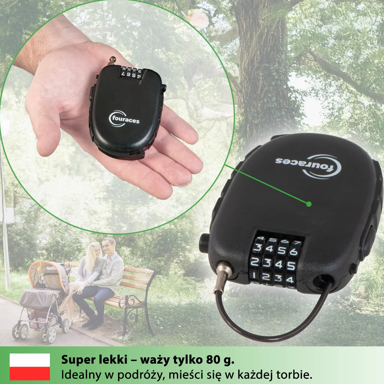 fouraces mini zamek linkowy 70 cm, wysuwany 4-cyfrowy szyfrowy – do hulajnogi, roweru (szosowego), wózka dziecięcego i sprzętu narciarskiego