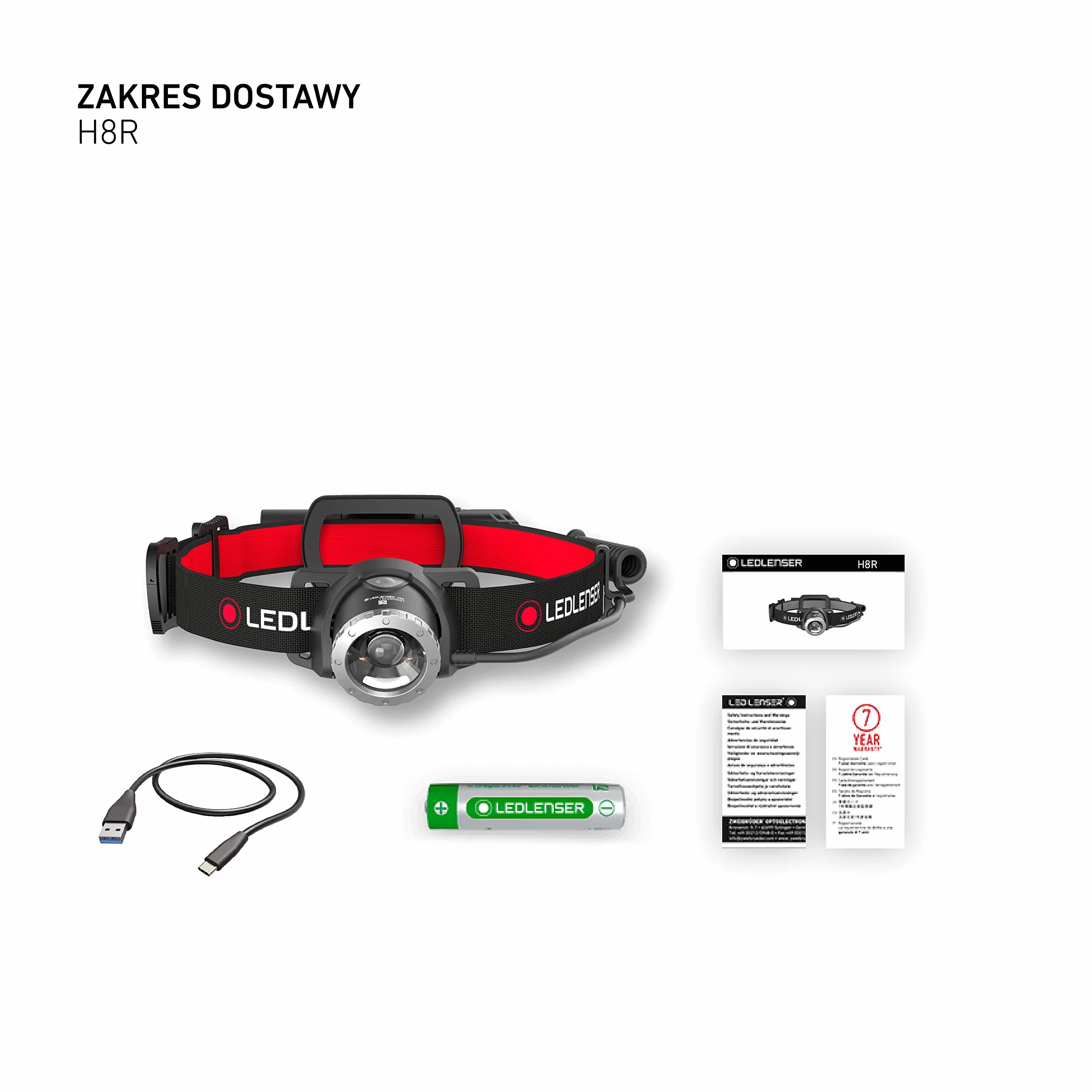Ledlenser H8R Latarka czołowa LED, ładowany akumulator litowy typu 18650, 600 lumenów, z możliwością ustawiania ostrości, czas pracy do 120 h, tylne światło czerwone, obrotowa, kabel USB do ładowania
