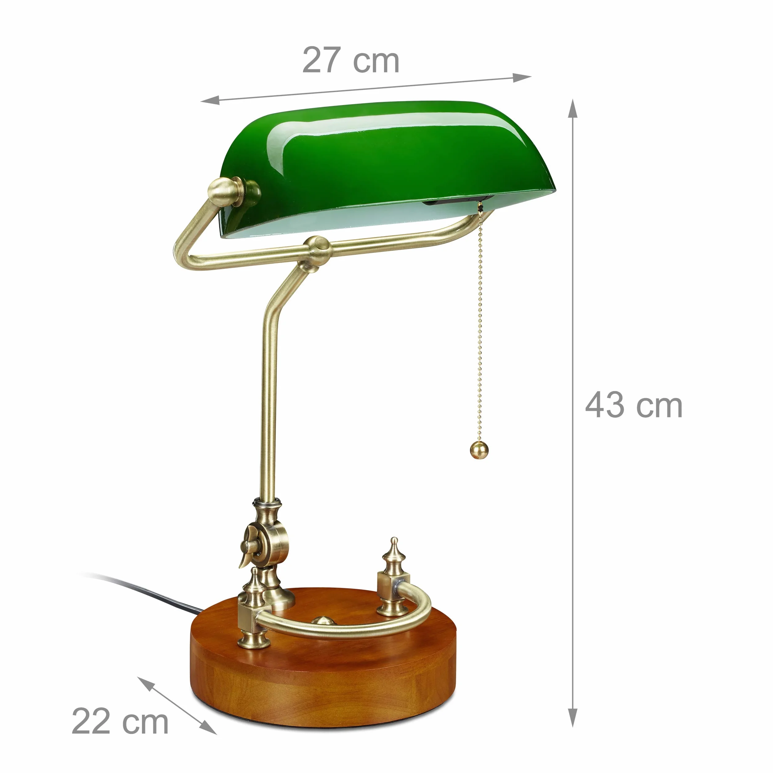 Relaxdays Lampa bankierska E27 z wyłącznikiem pociągowym, odchylanym szklanym kloszem, drewnianą podstawą, zielona, 43 x 27 x 22 cm