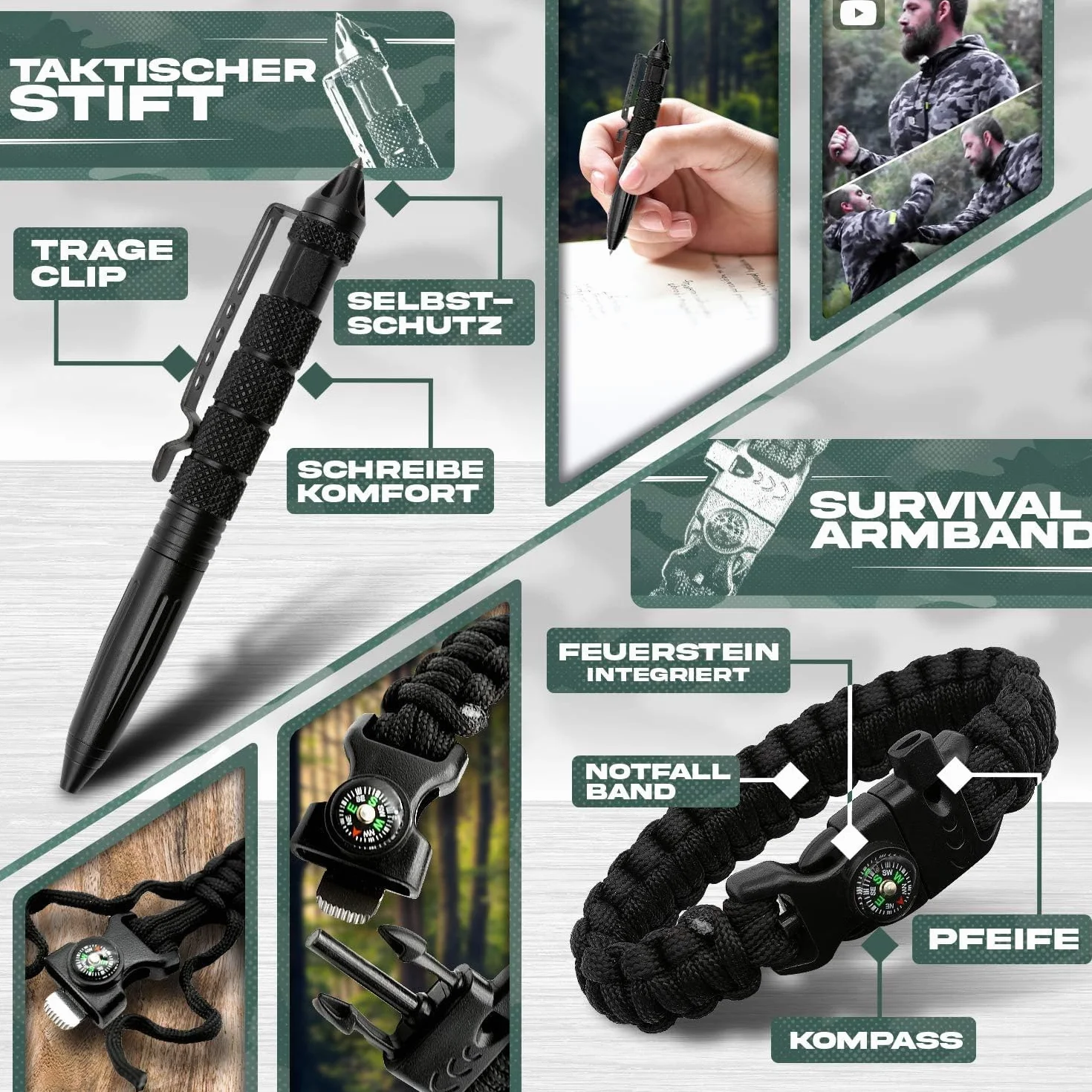 Jungle Monkey® Zestaw survivalowy – zestaw premium 17 w 1 z nożem i latarką – wyposażenie outdoorowe na wędrówki i kemping – zestaw survivalowy – wyposażenie ratunkowe w sytuacjach awaryjnych
