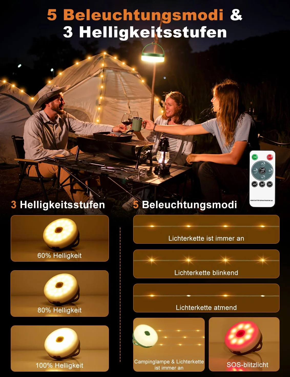Wróżki kempingowe z wysuwaną baterią słoneczną, wodoodporne, ładowane przez USB wróżki LED o pojemności 3000 mAh z 8 trybami oświetlenia, przenośna, wszechstronna lampa kempingowa 10 M