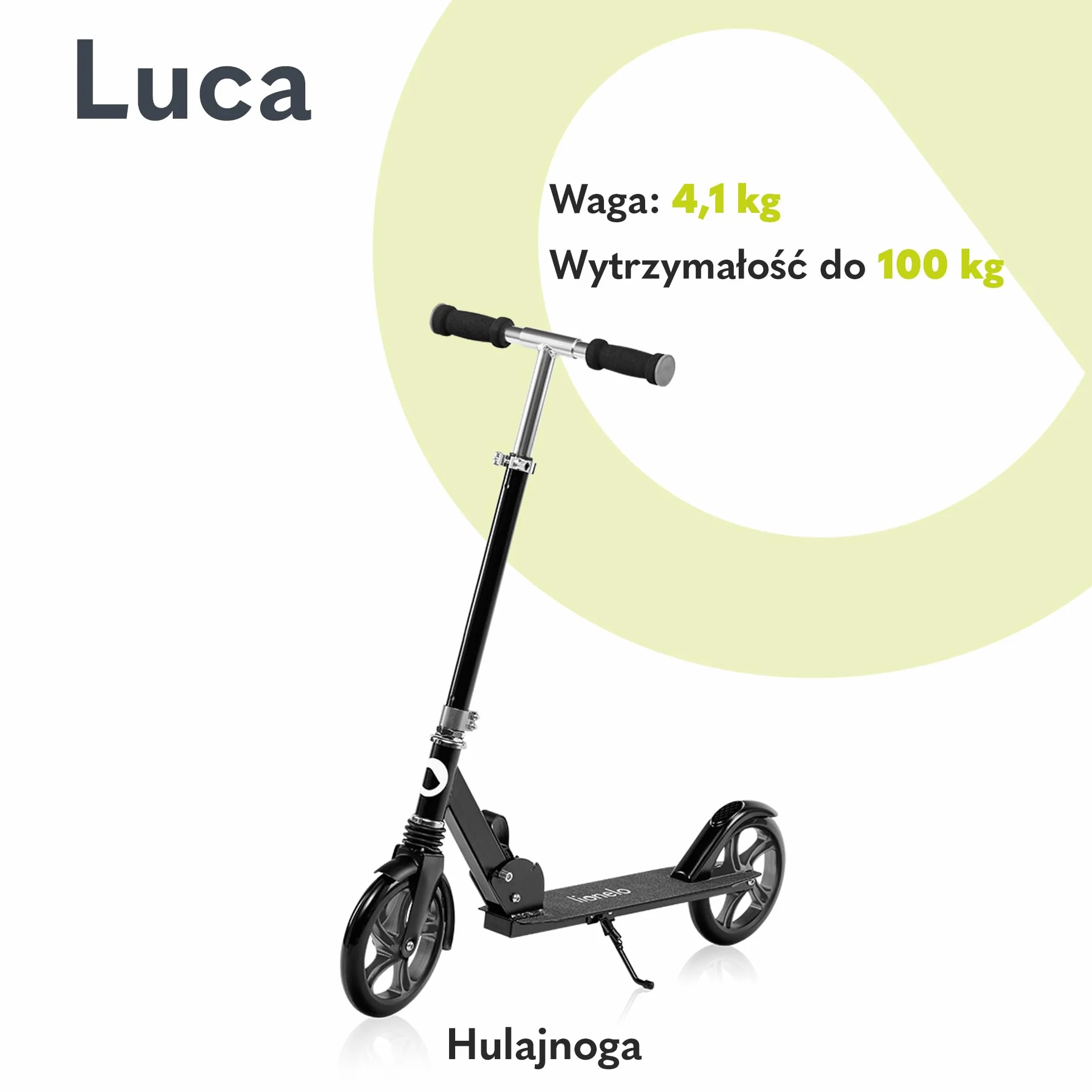 Lionelo Luca hulajnoga do 100 kg, lekka wytrzymała, składana konstrukcja, amortyzator, duże koła, regulowana wysokość kierownicy, antypoślizgowy podest, amortyzacja ShockResist
