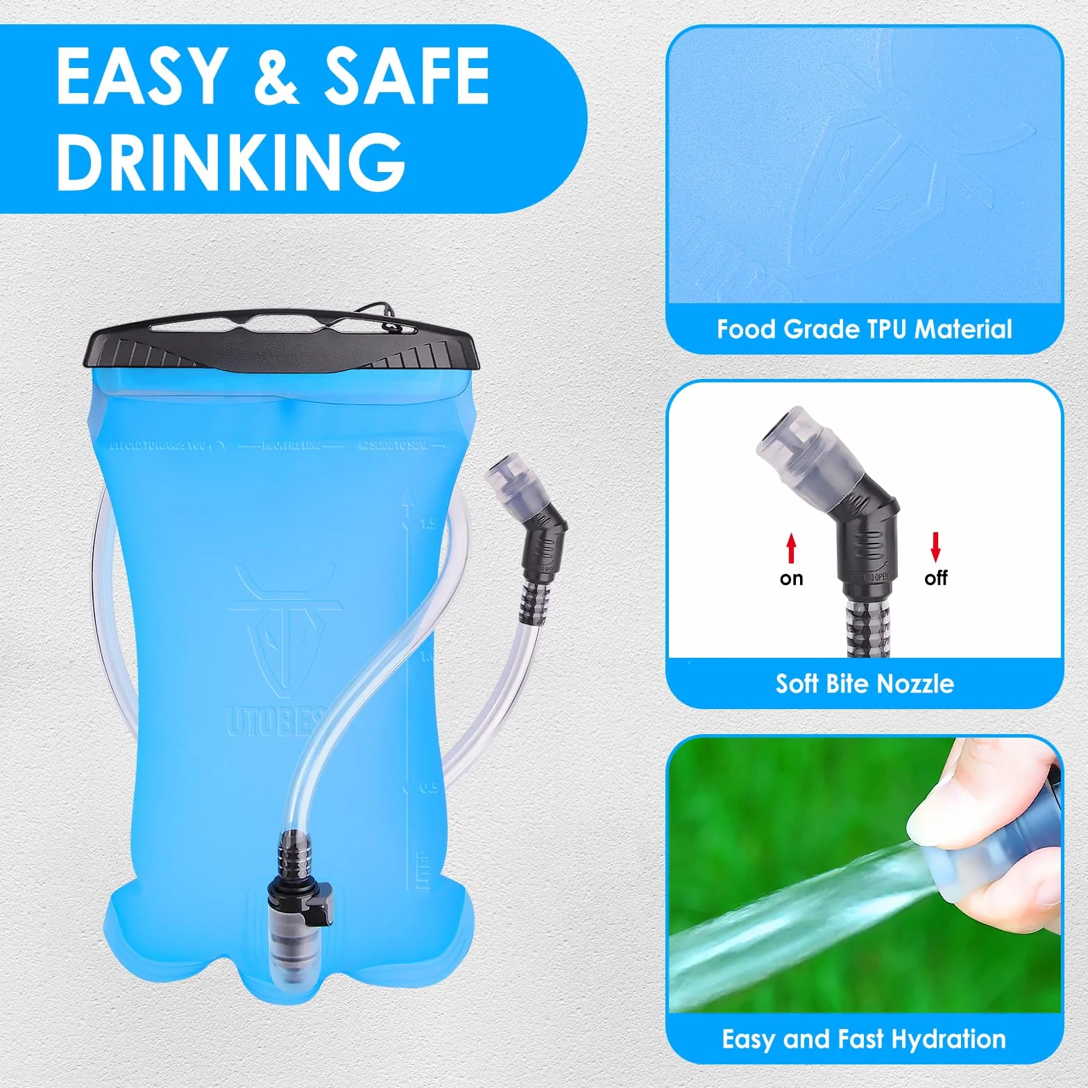 UTOBEST Bukłak na wodę, 1,5 l, 2 l, 3 l, worek na wodę z TPU, nie zawiera BPA, szczelny, do wędrówek, biegania, jazdy na rowerze, na kemping