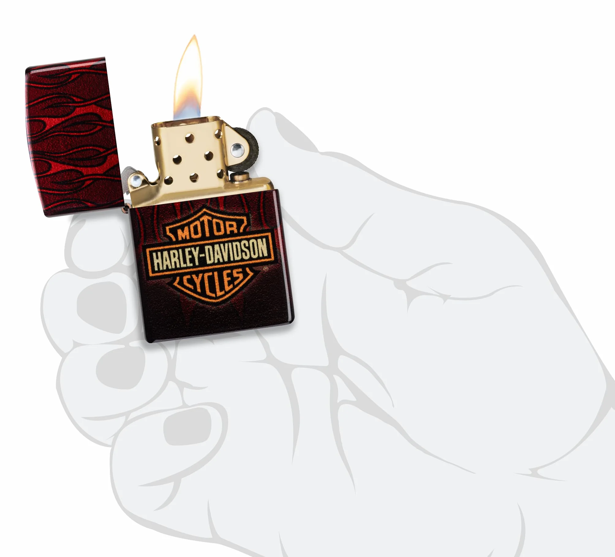 Zippo Harley-Davidson Flames Zapalniczka Sztormowa, do Napełniania, Wielokrotnego Użytku, Wiatroodporna Konstrukcja, Pudełko na Prezent, Wykonano w USA, Postarzany Mosiądz (540° Tumbled Brass)