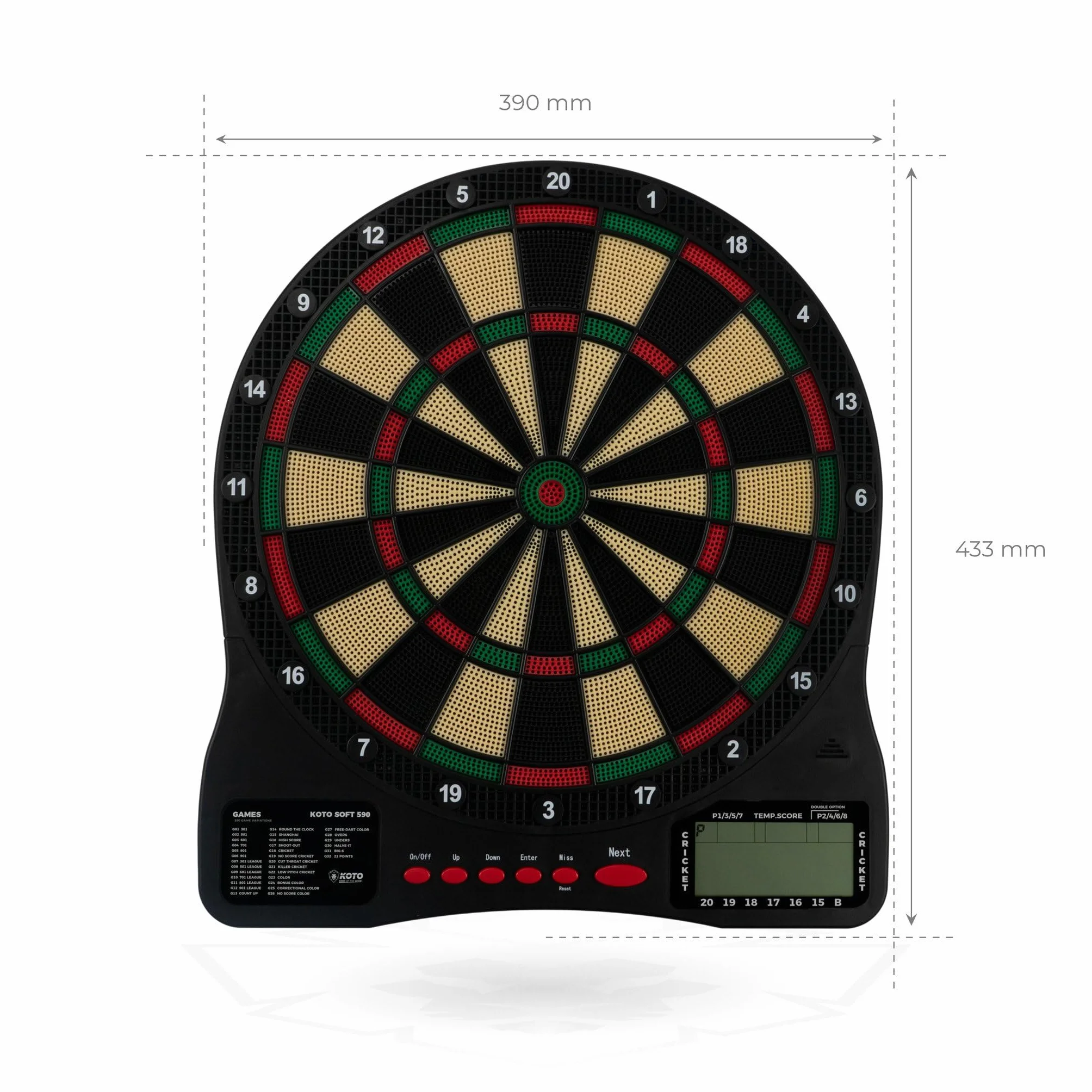 KOTO – Elektroniczna Tarcza Dart Soft Easy (39x2x44,5 cm), 6 Soft Dart, 32 Gry, Ponad 590 Wariantów, Kompaktowa i Nowoczesna