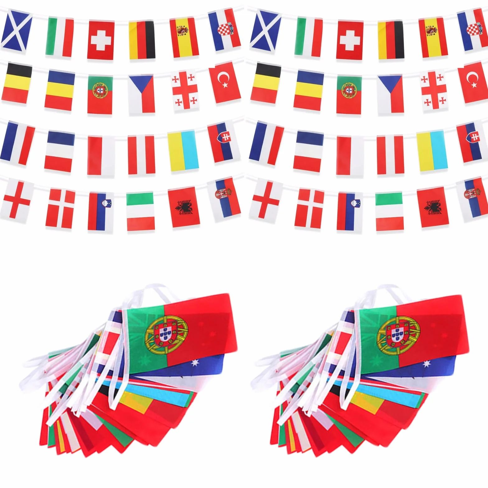 MAEXUS® Łańcuch chorągiewek EM 2024 do piłki nożnej euro (2 sztuki】14 x 21 cm flagi EM 2024, 8 m, 24 banery na Euro 2024, dekoracyjne flagi fanów piłki nożnej do baru ogrodowego
