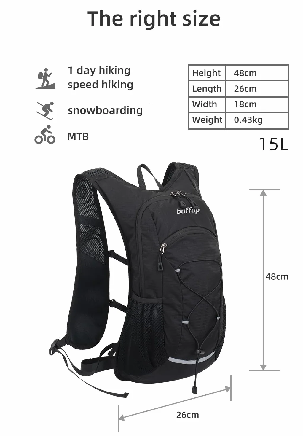Lekki plecak turystyczny 15 l, plecak rowerowy, mały, plecak do picia, nadaje się do speedhikingu, MTB, jazdy na nartach, sportów na świeżym powietrzu (czarny)