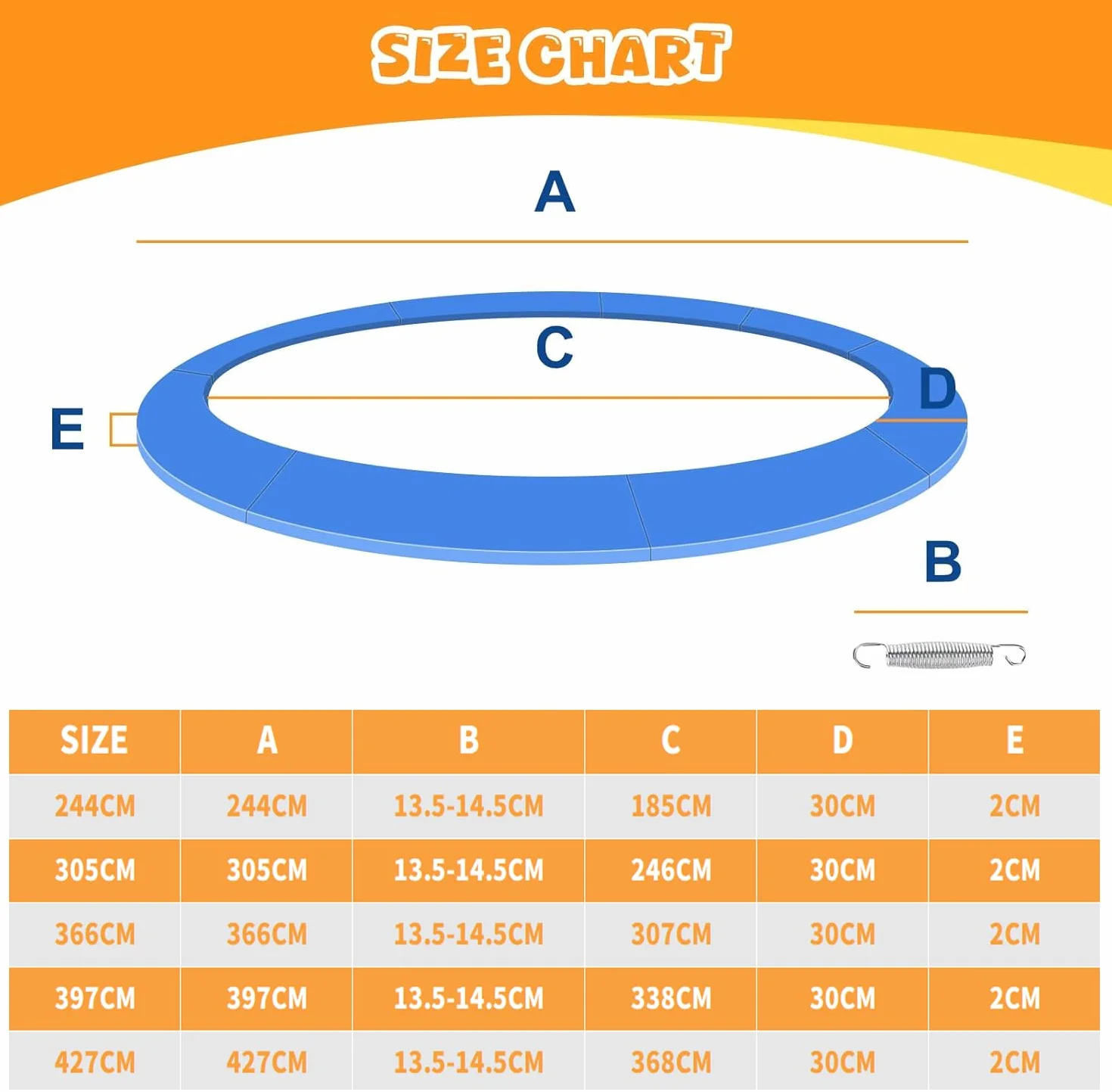 Osłona sprężyn, osłona krawędzi trampoliny 244 cm, 300 do 305 cm, 360 do 366 cm, 395 do 400 cm, 425 do 430 cm, z 6/8 drążkami, niebieska, PCW, odporna na promieniowanie UV