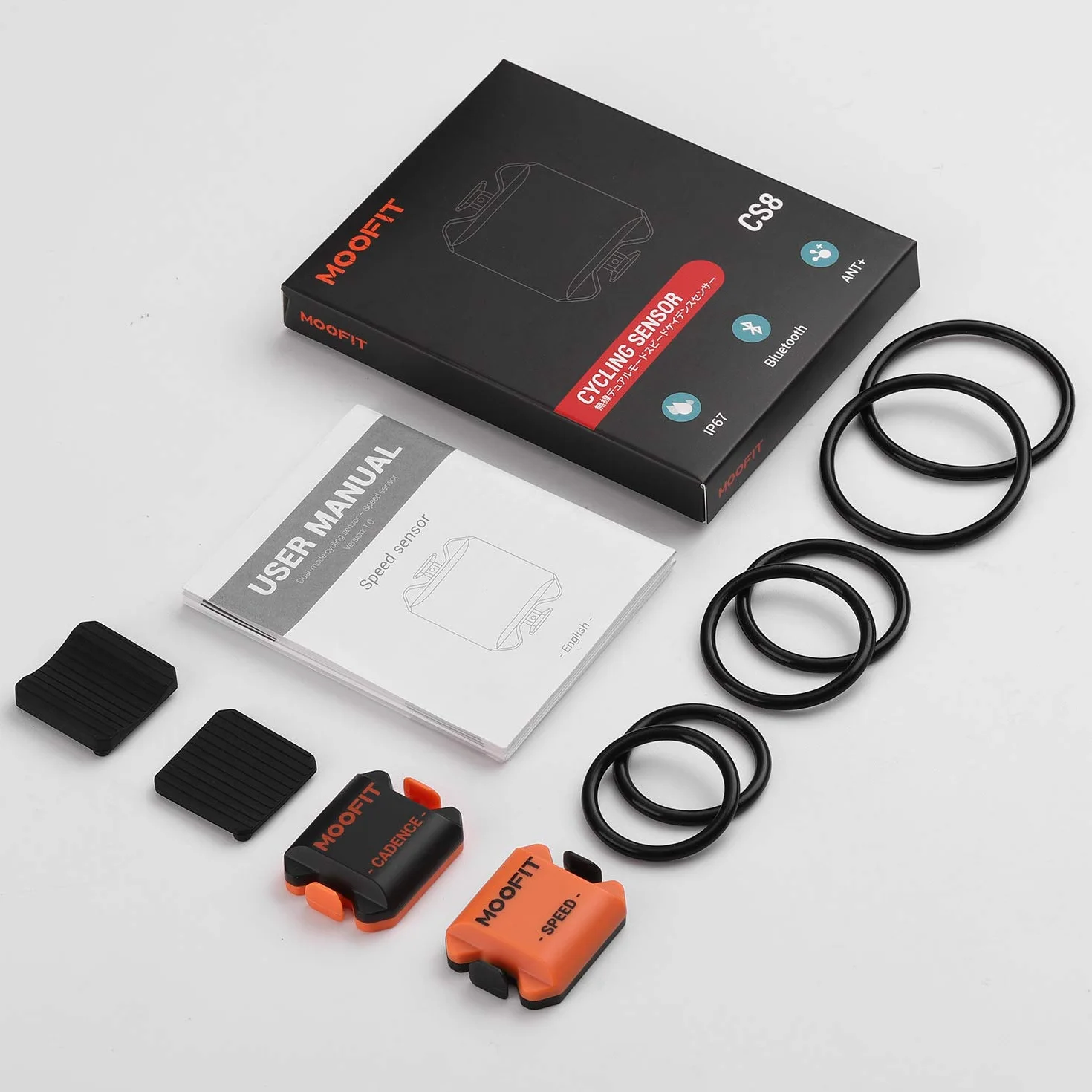 moofit CS8 czujnik prędkości rowerowej i czujnik rytmu, bezprzewodowa prędkość Bluetooth i ANT+, czujnik odległości i czujnik rytmu z wodoodporną technologią IP67, kolor pomarańczowy