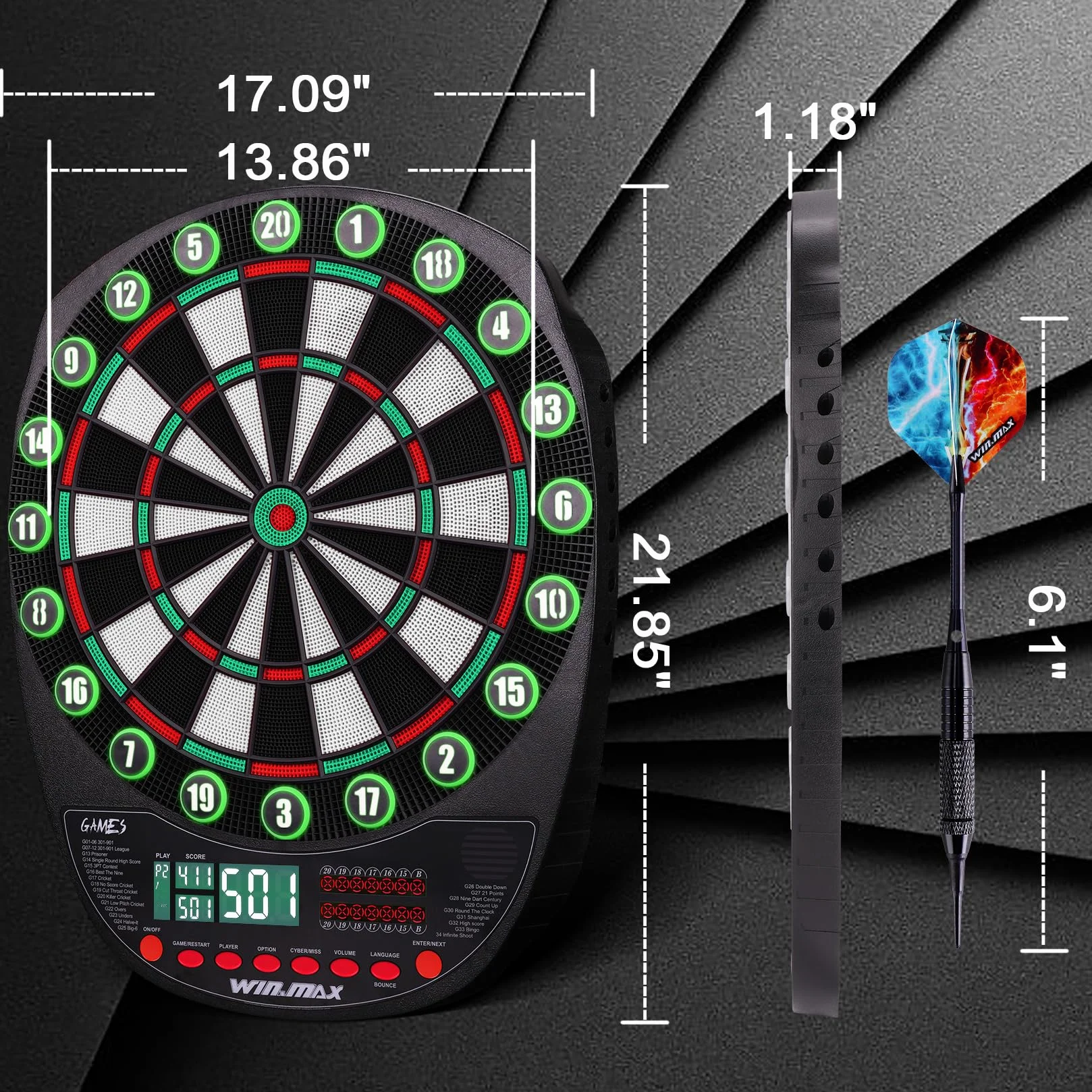 WIN.MAX Elektroniczna tarcza do darta, zestaw 34 gier, 3 języki, zielony i czerwony