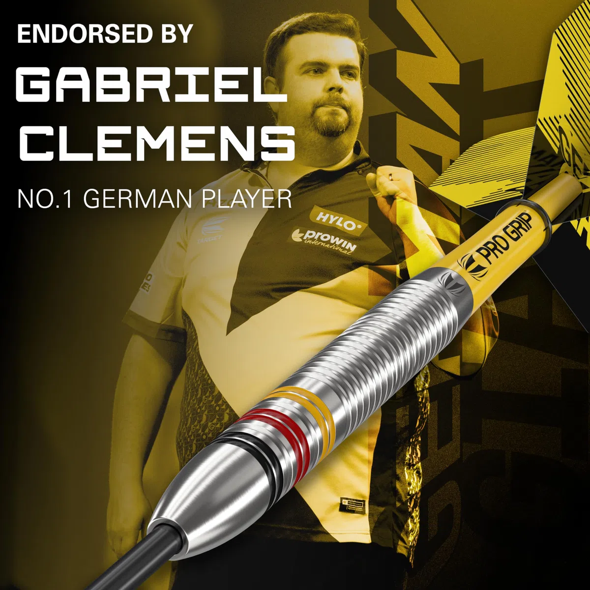 Target Darts Gabriel Clemens zestaw rzutek 22G/23G/24G ze stali wolframowej – 9 wałków Pro Grip – 9 Pro Ultra Flights – portfel do rzutek