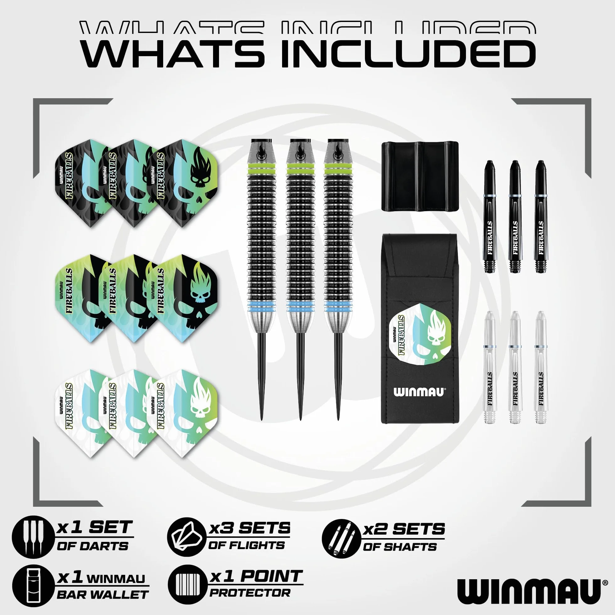 WINMAU Darts Fireball 22g Mosiężny Zestaw Rzutek ze stalowymi końcówkami, lotkami i trzonkami (szaftami) w tym portfel na rzutki