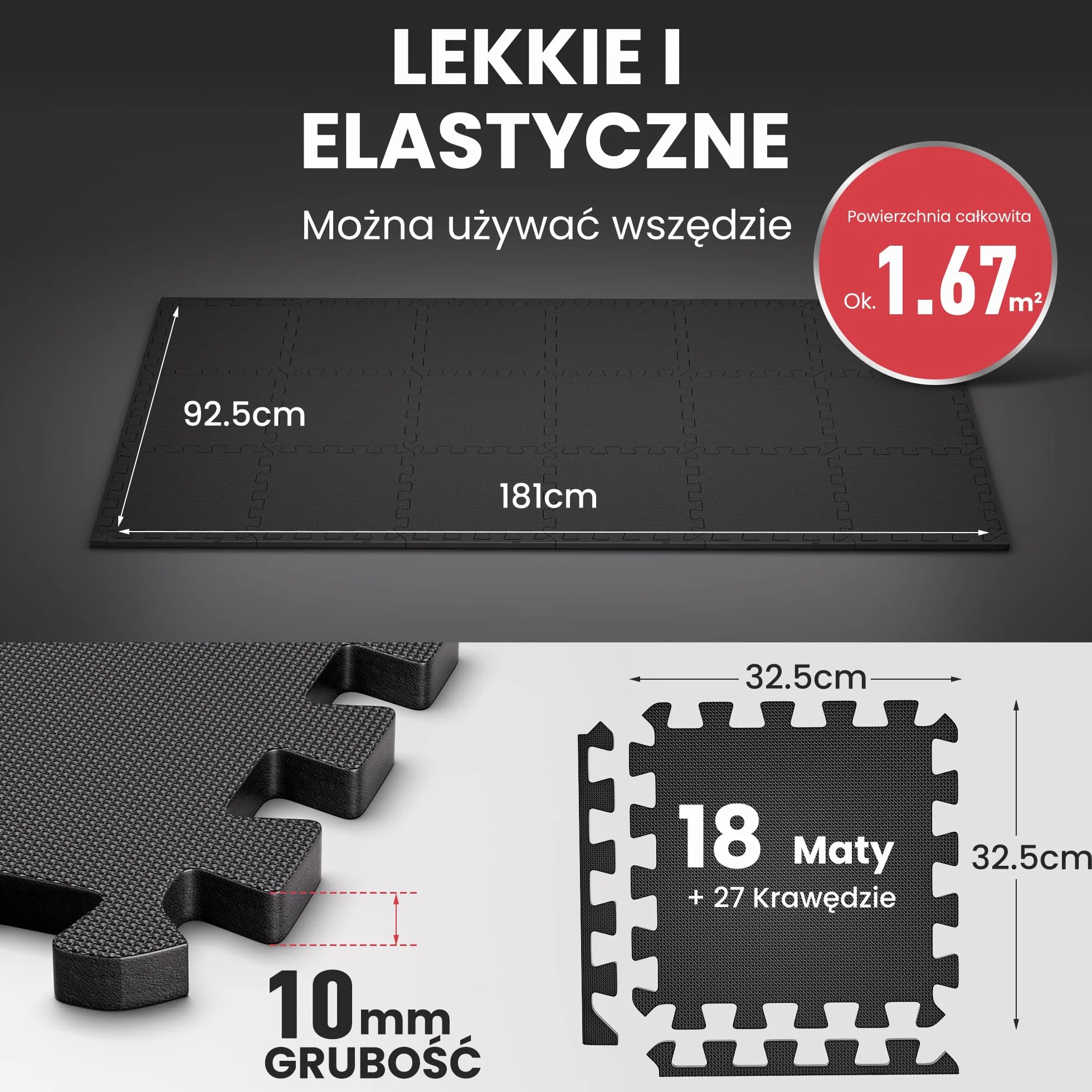 Ultrasport Mata Podłogowa Puzzle, Grube Piankowe Maty na Siłownię Domową, do Garażu, Szklarni i jako Podłoga Gumowa, Mata Ochronna na Siłownię, 18 Sztuk