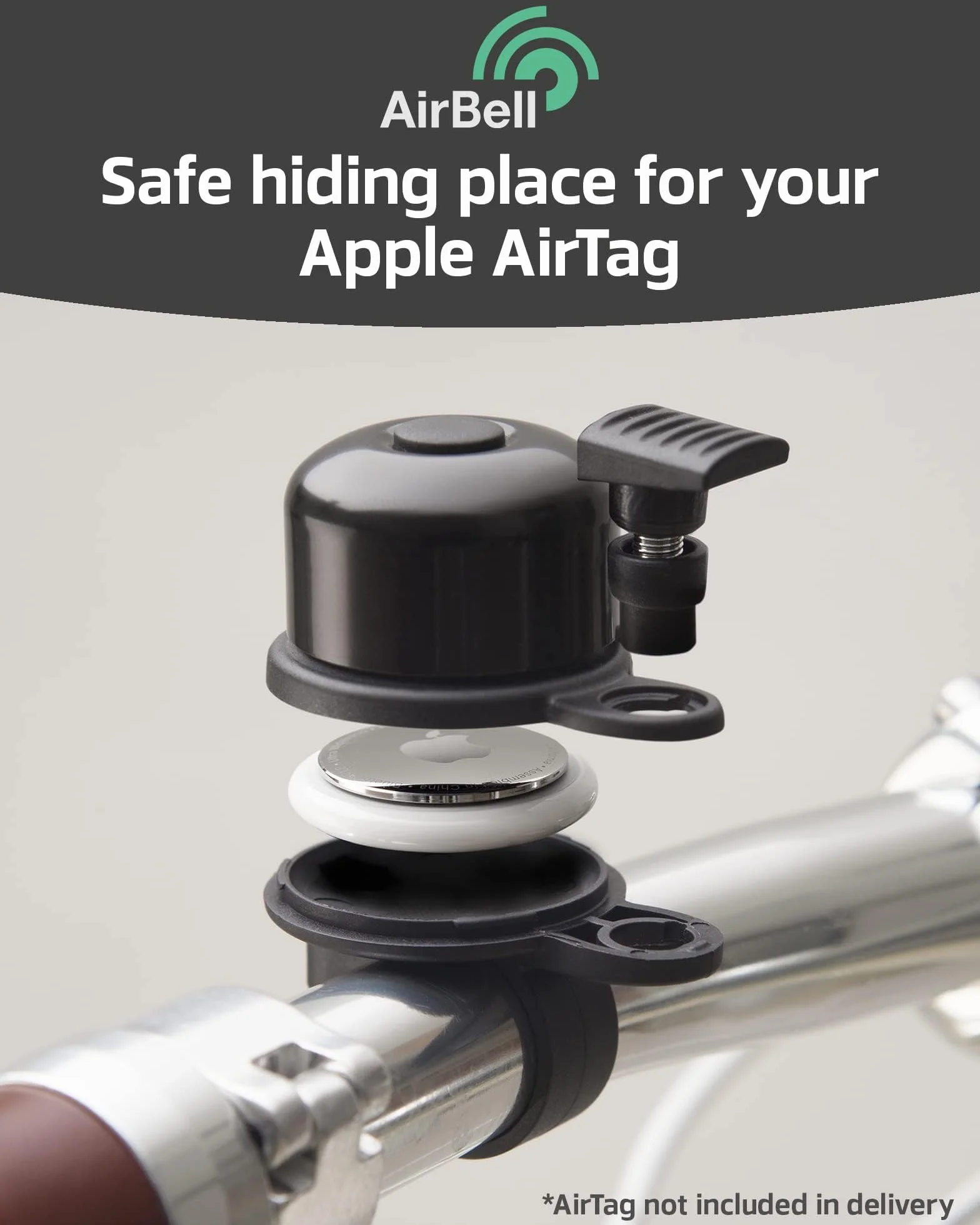AirBell dzwonek rowerowy do Apple AirTag, zabezpieczenie przed kradzieżą Uchwyt ukryty w dzwonku - dzwonek działa, nadaje się do użycia w ruchu drogowym, w zestawie narzędzie