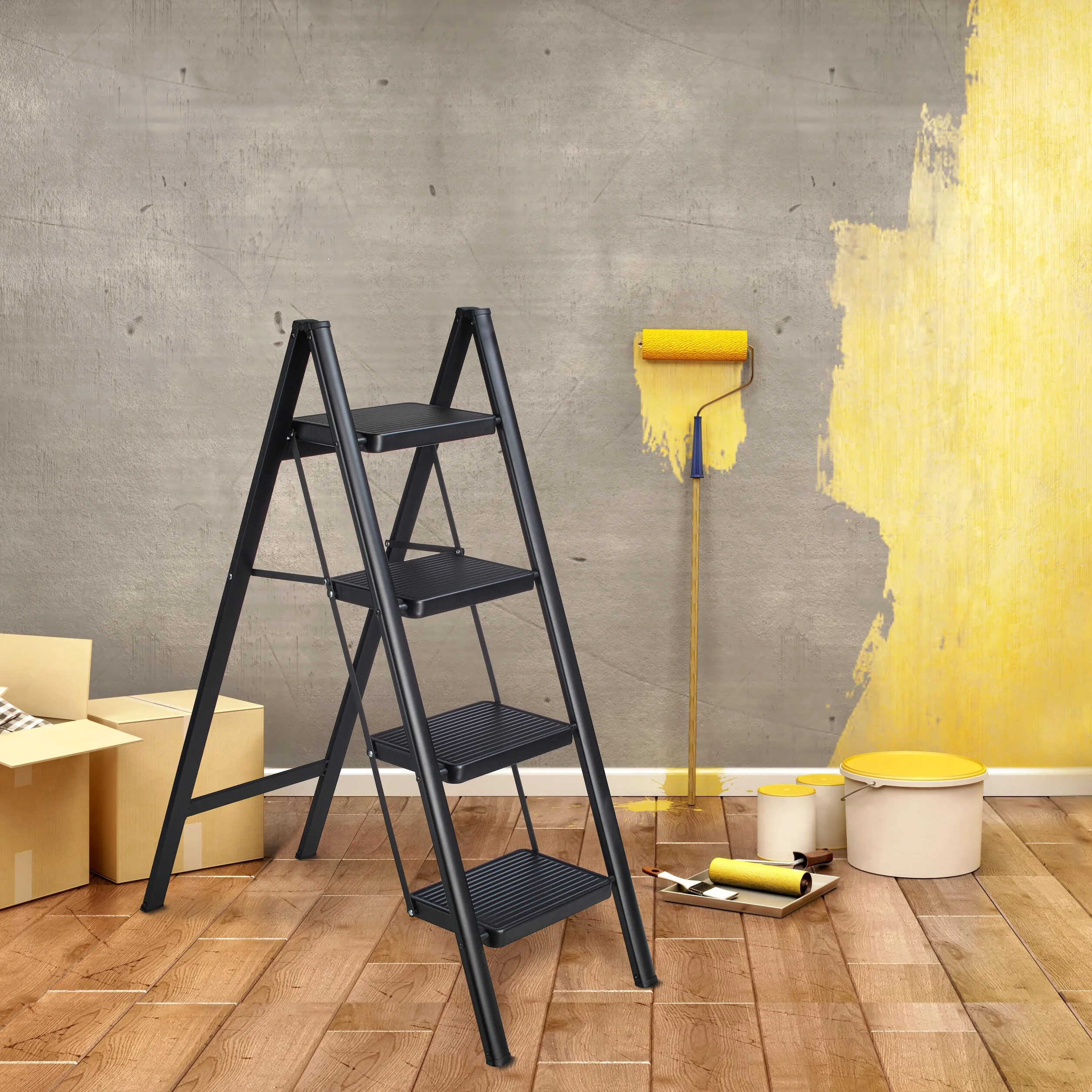 Relaxdays Drabina składana 4 stopnie stalowa 120 kg 109x42x84 cm czarna