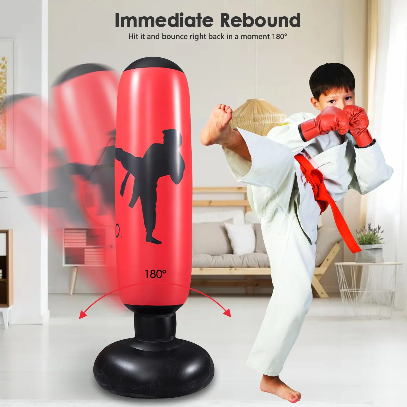 Worek bokserski dla dzieci, nadmuchiwany worek bokserski, 160 cm, stojący worek bokserski z pompką i rękawicami bokserskimi do karate, kickboxingu, sprzętu treningowego, na prezent