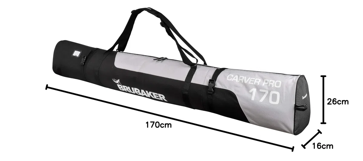 BRUBAKER CarverPro XP - torba narciarska z wyściełanymi paskami na ramiona na 1 parę nart, kijków i butów kask - czarny srebrny - 66 7/8 cala / 170 cm