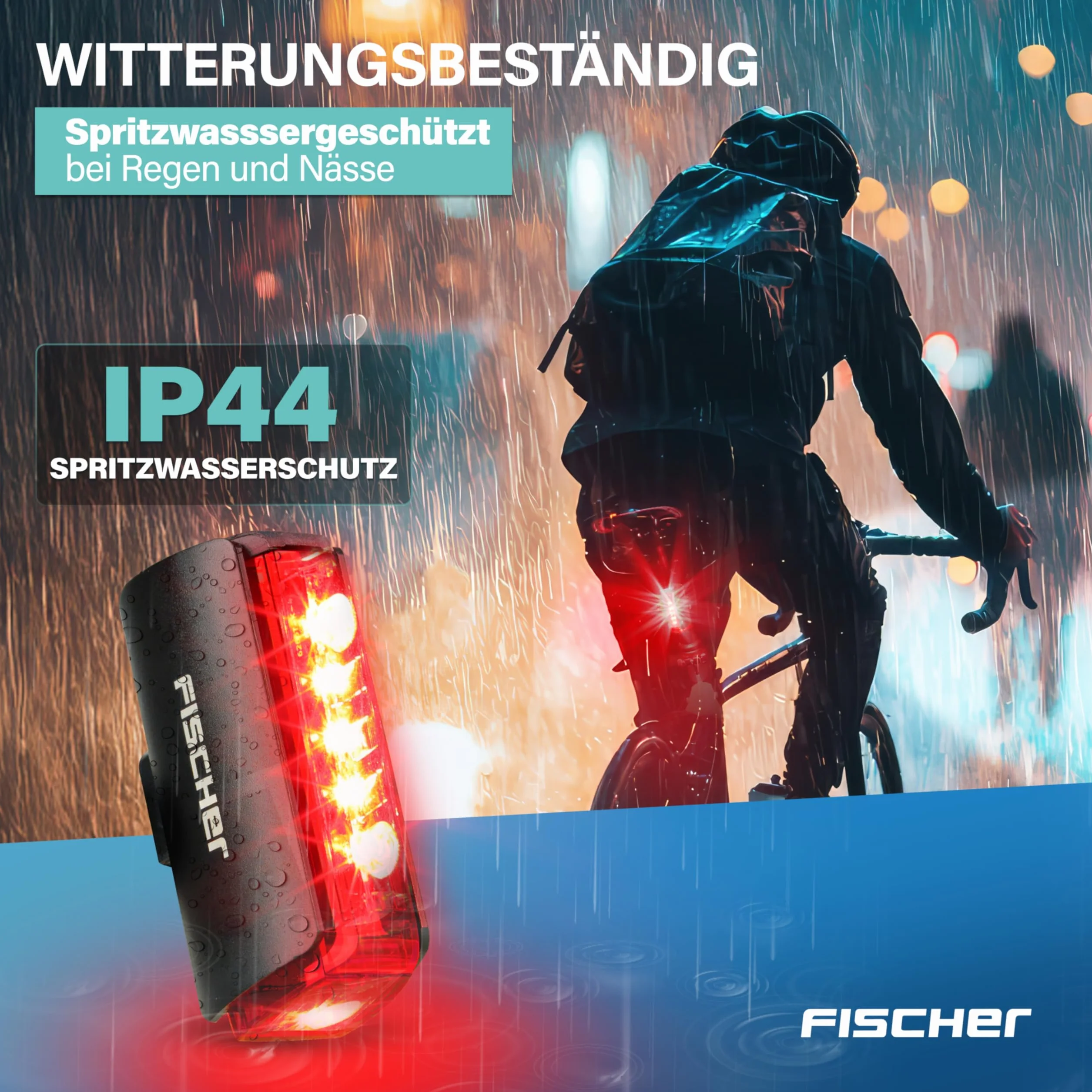 Fischer Tylne światło rowerowe LED z akumulatorem Twin Stop, z dodatkowym oświetleniem podłogowym i światłem hamowania, aluminiowa obudowa, czas świecenia do 8 godzin, kolor czarny, 1 sztuka