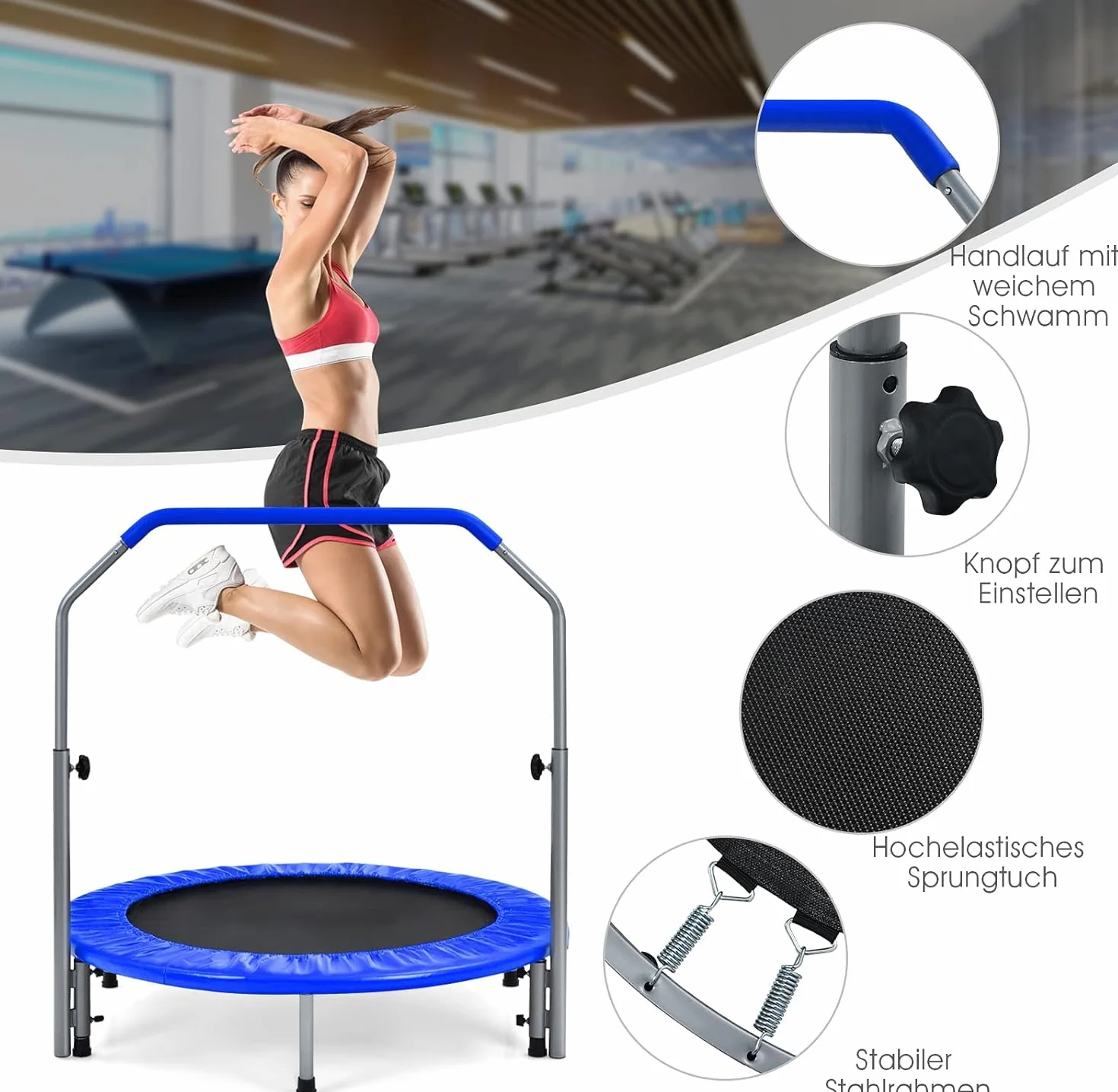 FANTASK φ101 cm mini trampolina, obciążenie do 150 kg, składana, trampolina ogrodowa dla dorosłych i dzieci, z uchwytem o regulowanej wysokości