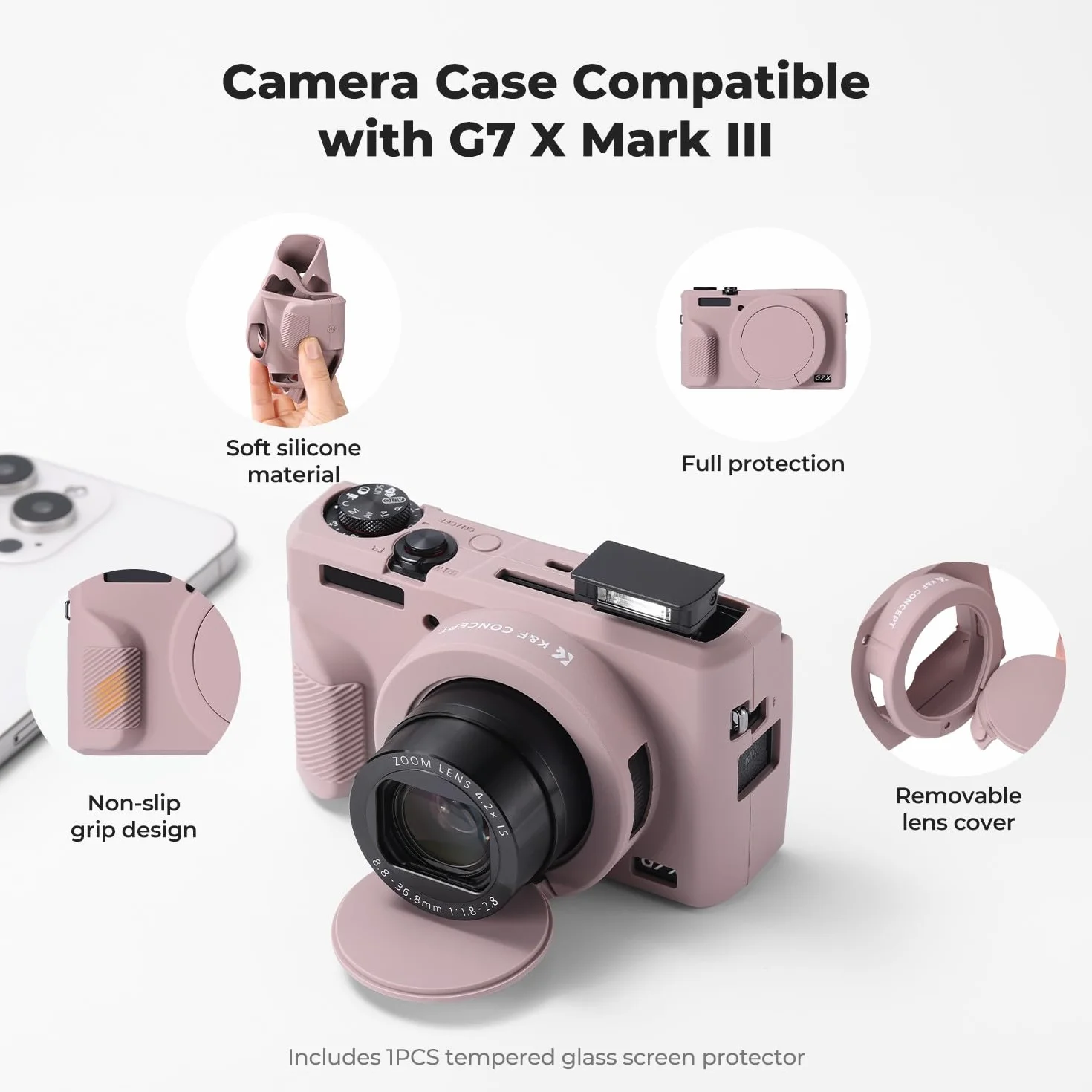 Etui ochronne K&F CONCEPT do aparatu Canon G7X Mark III, szaro-fioletowe, miękkie silikonowe etui do aparatu cyfrowego G7X Mark III z odłączaną osłoną obiektywu, odporne na zarysowania, o smukłym dopa