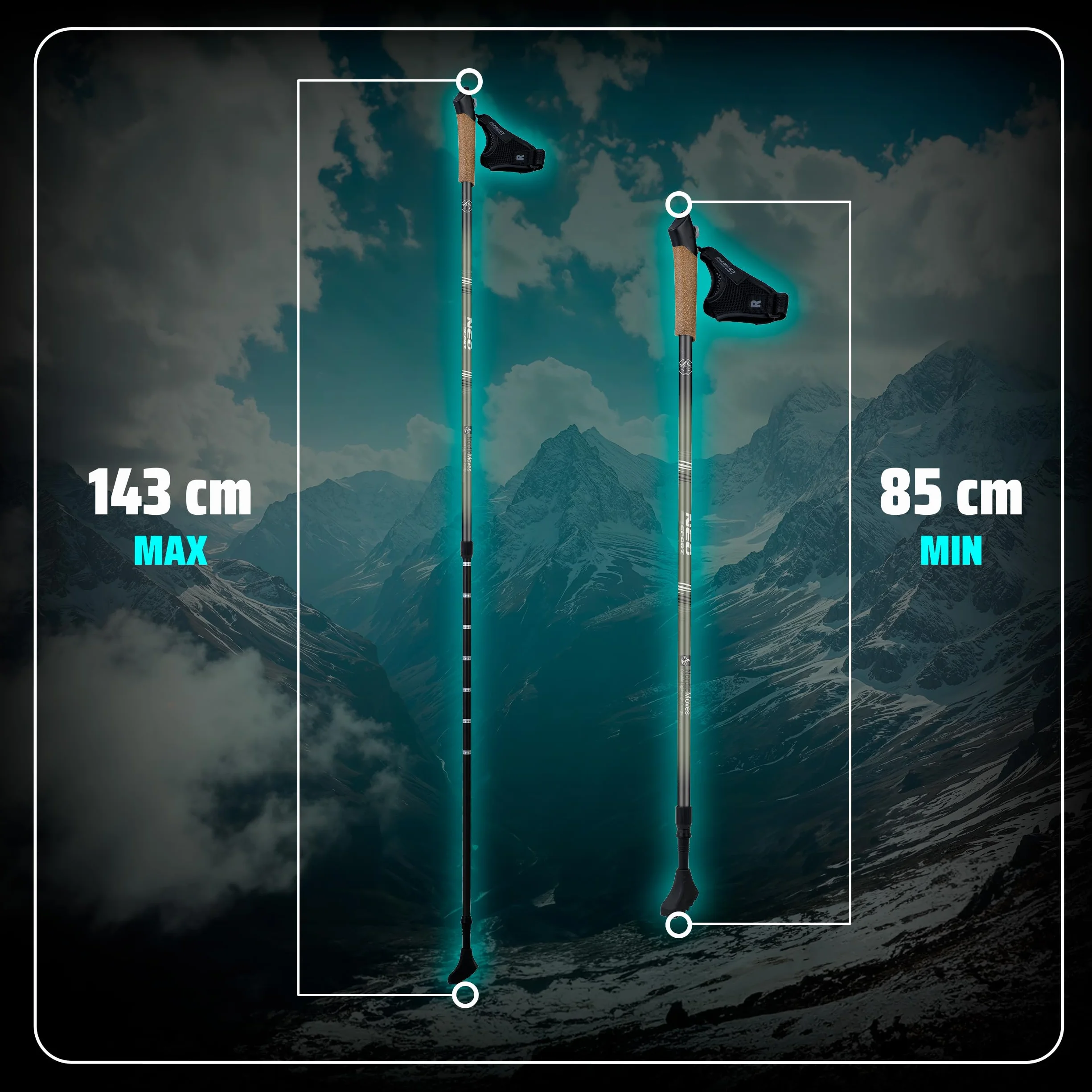 Neo-Sport Kijki Trekkingowe Nordic Walking Regulowane 85-143 cm Aluminiowe Korkowy Uchwyt 1 Para
