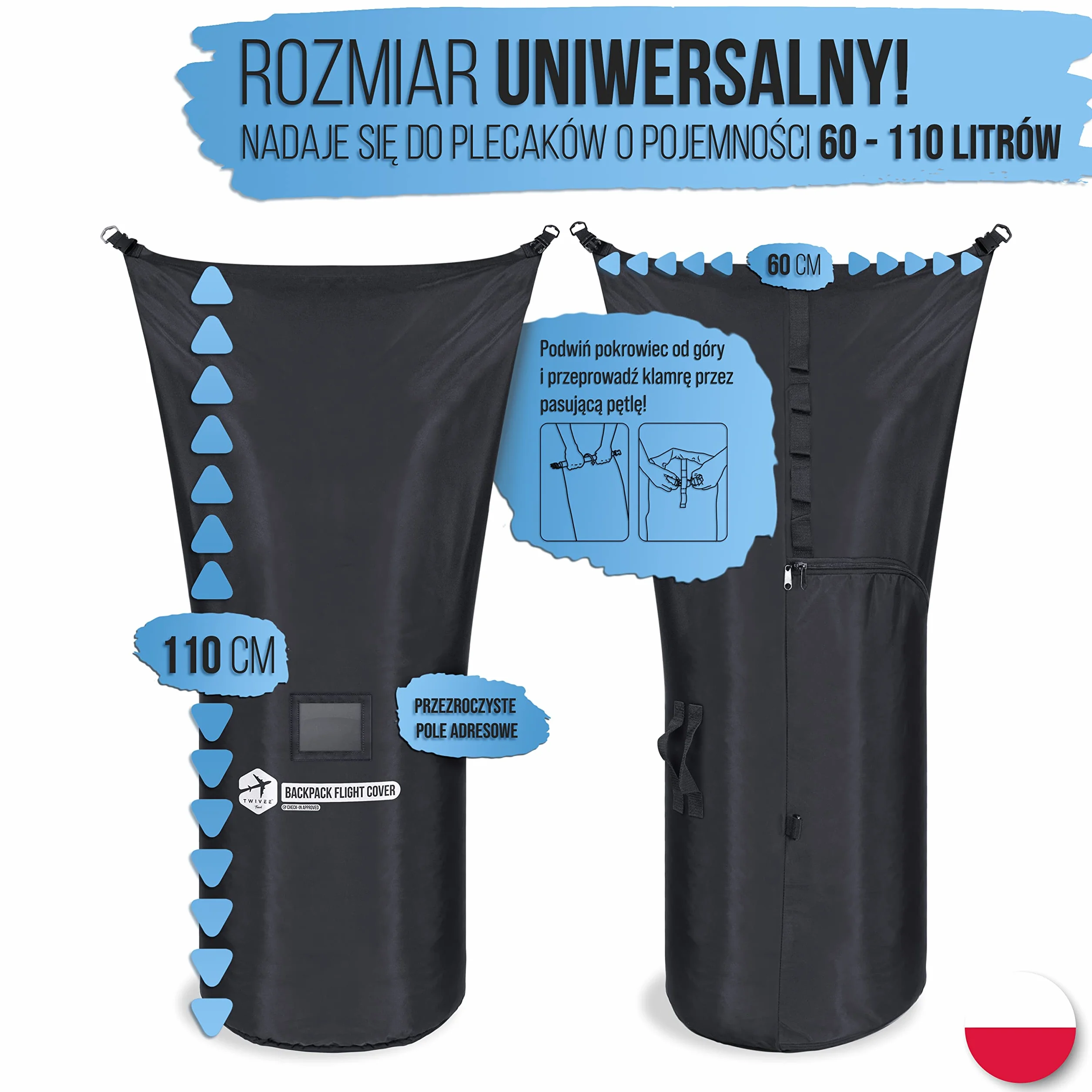 Pokrowiec ochronny na plecak 2 w 1 TWIVEE, elastyczny rozmiar 60-110 L, regulowana pojemność, ochrona przed deszczem