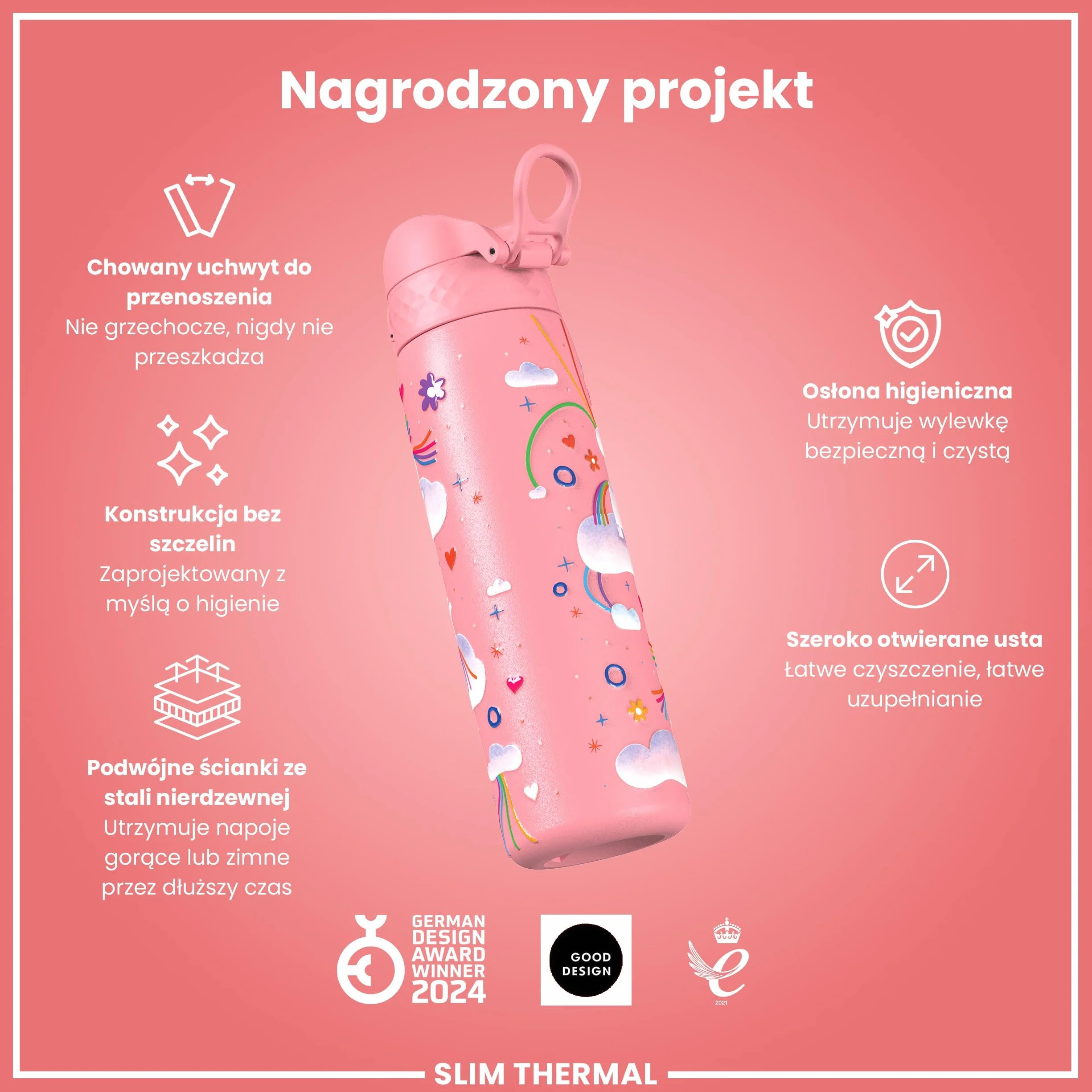 ION8 Termoizolowana Butelka na Wodę ze Stali Nierdzewnej 500 ml, Szczelna, Łatwa w Otwieraniu, Różowe Tęczowe Jednorożce