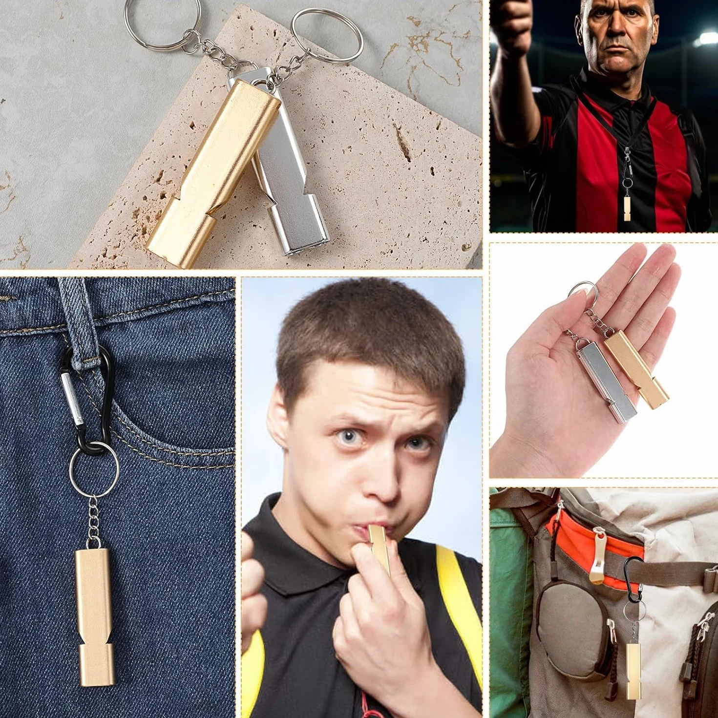 Rhomba 2 metalowe gwizdki ratunkowe, gwizdki ratunkowe, z karabińczykiem i smyczą, do aktywności na świeżym powietrzu, wędrówek, polowania, kempingu, wędkowania, pływania kajakiem, 2 sztuki