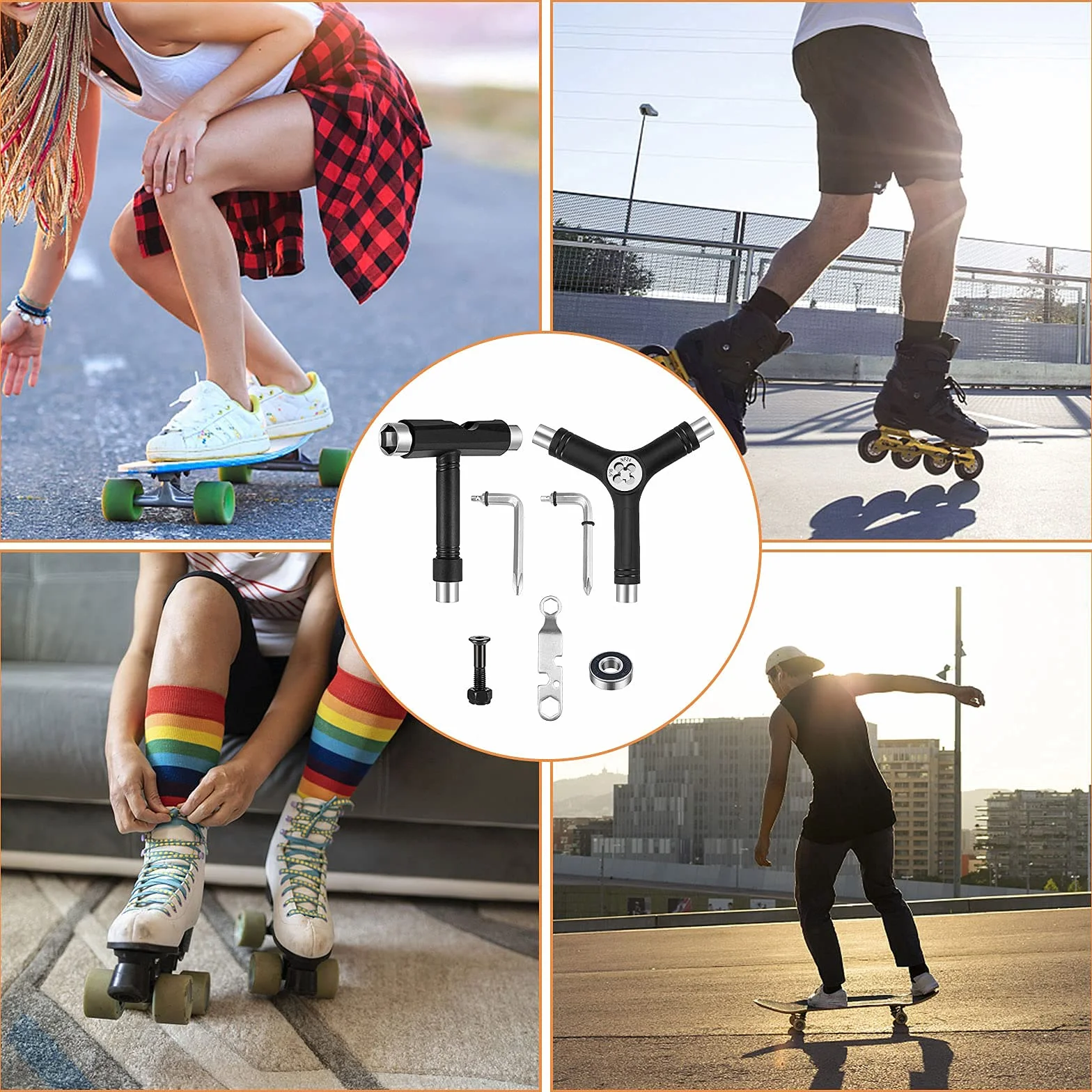 Wielofunkcyjne narzędzie do deskorolki All-In-One Przenośna deskorolka T-Tool Y-Tool z kluczem imbusowym, akcesoria do deskorolki, do hulajnogi longboardowej, 15 szt