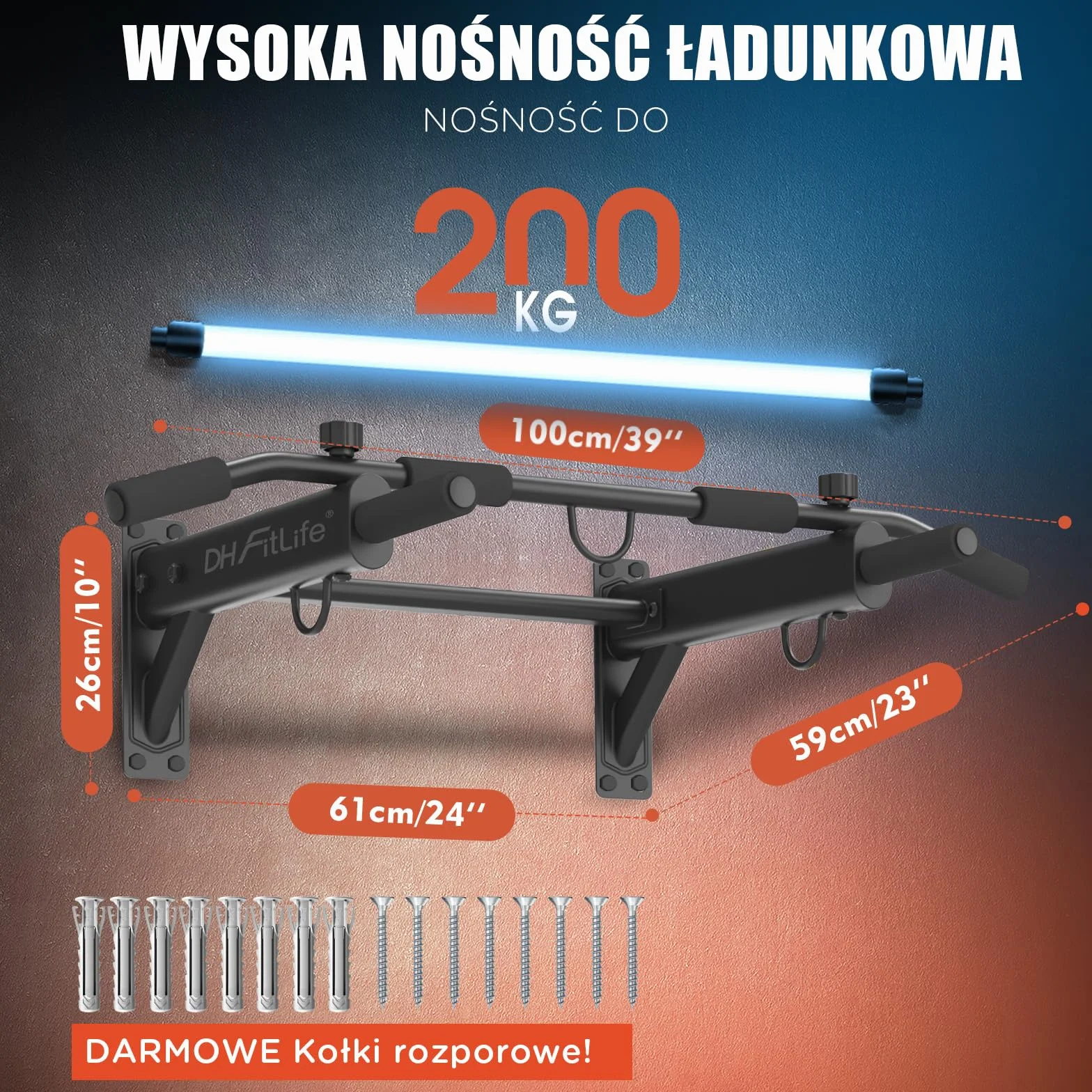 DH FitLife Drążek do podciągania 4 w 1 do montażu na ścianie z kołkiem rozporowym | Wielofunkcyjny drążek do 200 kg | 6 antypoślizgowych uchwytów | 3 oczka do worka bokserskiego i taśm treningowych