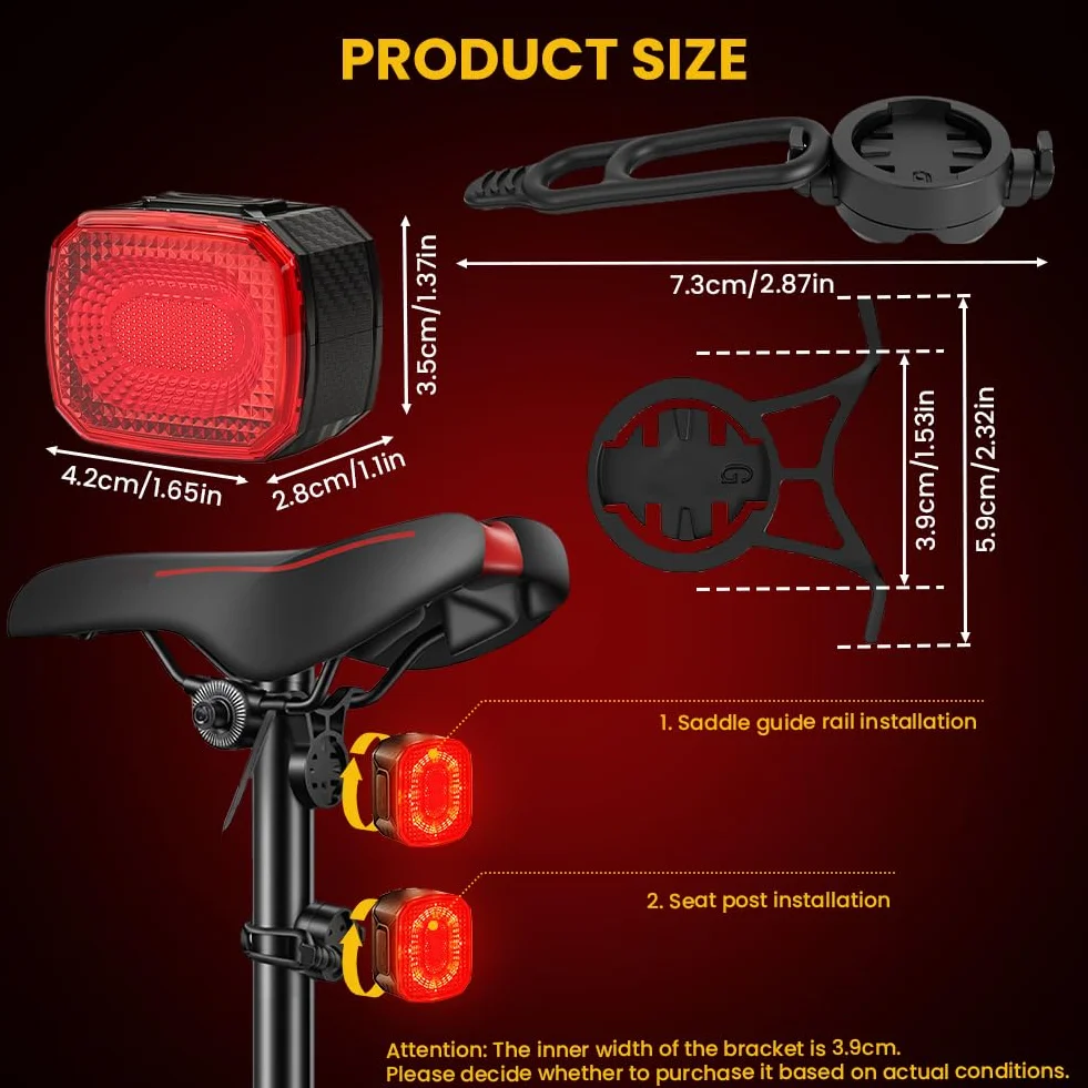 Ainiv Inteligentna Tylna Lampa Rowerowa z Czujnikiem Hamulca, Ładowana Przez USB, Wodoodporna, Tylna Lampa Rowerowa z Ostrzeżeniem Bezpieczeństwa do Jazdy Nocnej