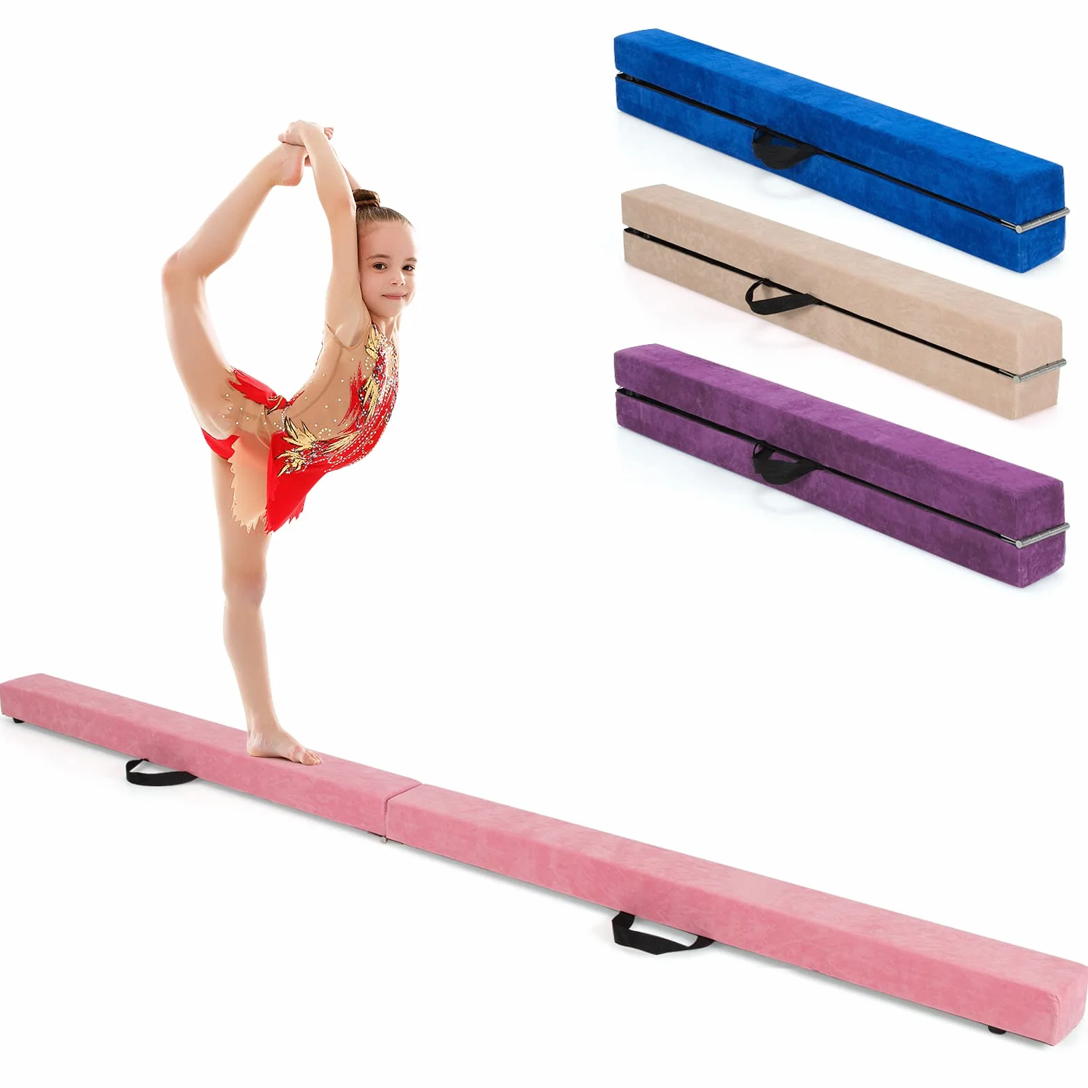 COSTWAY Belka gimnastyczna 210 cm, składana belka gimnastyczna, belka do ćwiczeń równowagi wytrzymująca do 70 kg, przenośna belka z uchwytami do noszenia, belka gimnastyczna do ćwiczeń w domu (różowa)